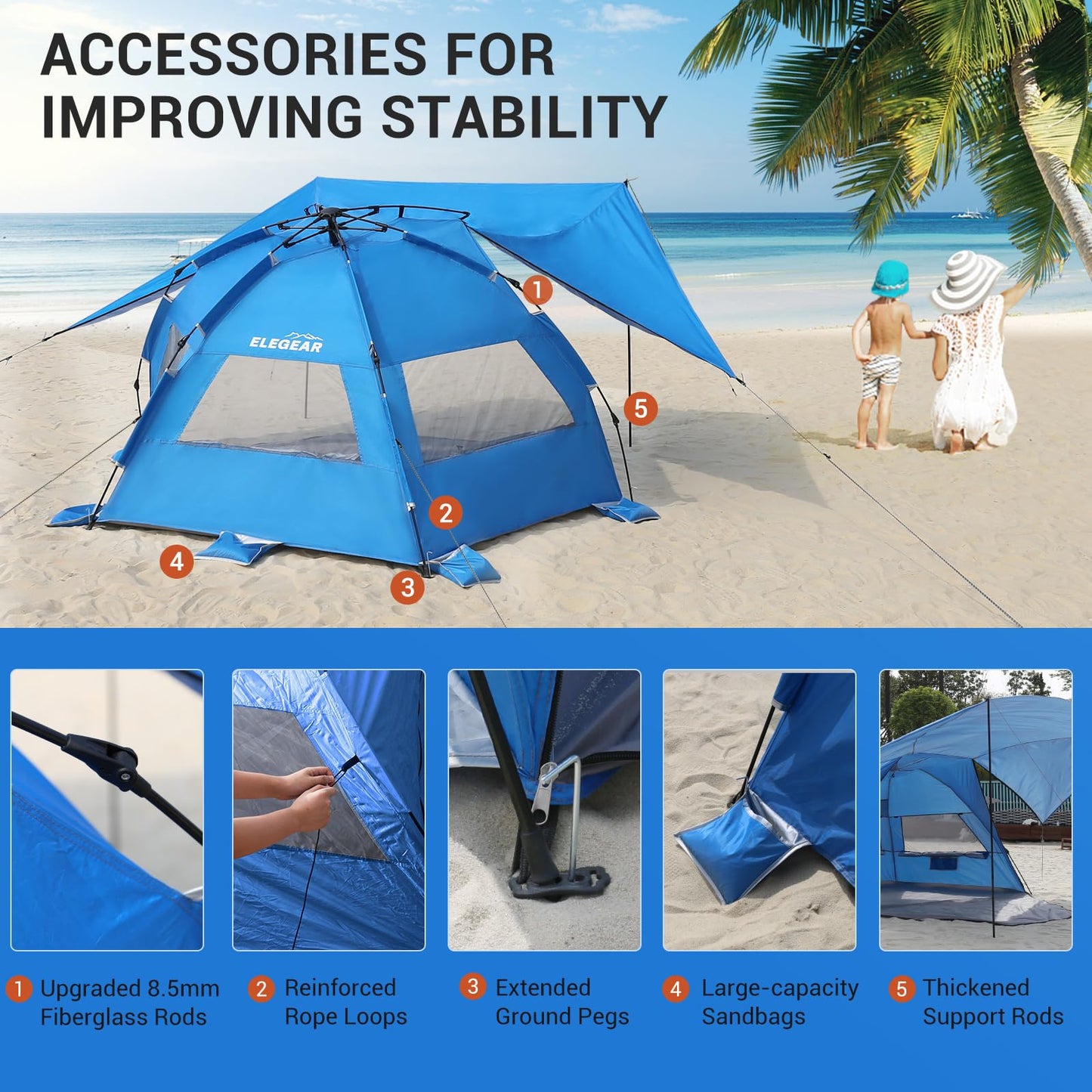 Elegear CumbreX™ Beach Tent with 360° Removable Canopy, 4-6 Person Pop Up Sun Shade Shelter, UPF 50+ Automated Installation Double Silver Coating Portable Lightweight Beach Cabana for Beach/Outdoor