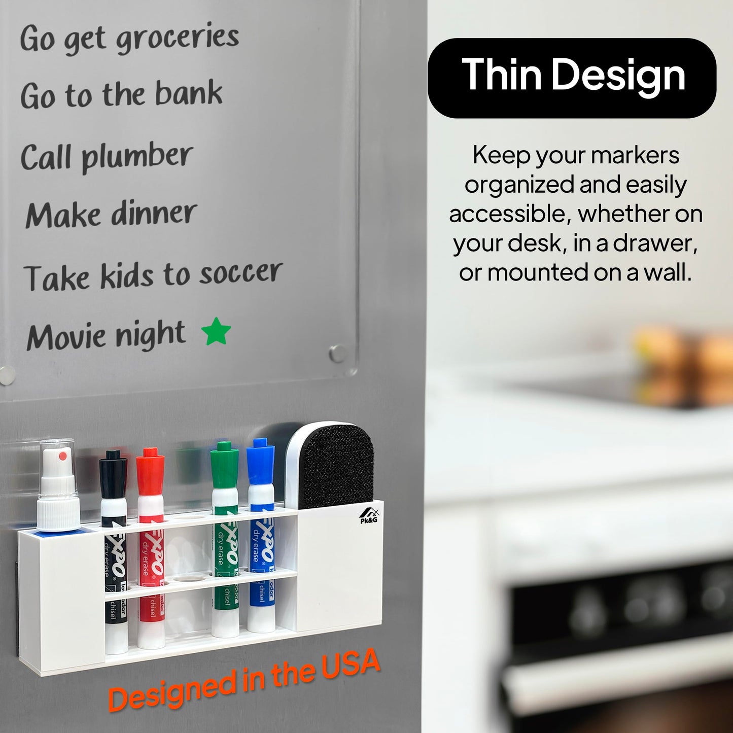 Slim Magnetic Dry Erase Marker Holder for Whiteboard, Space Saving Pen Organizer with Glass and Wall Mount Accessories for Fridge, Office, and School. Markers, Eraser, Cleaner Not Included (White)