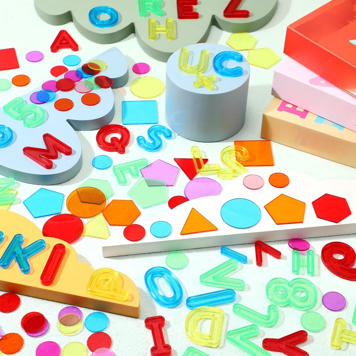 Rotatingpals 172 Pcs Translucent Light Table Manipulatives for Preschool Classroom Include Colorful Plastic Transparent Letters and Numbers Round Chips Geometric Sheet for Students Counting Spelling