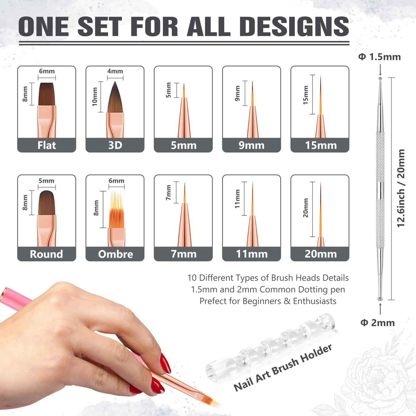 Nail Art Brushes Set, Professional 5Pcs Double-Ended Nail Brush Kit for Details, Long Lines, Ombre & 3D Design-Perfect for DIY Manicures & Salons (Pink)