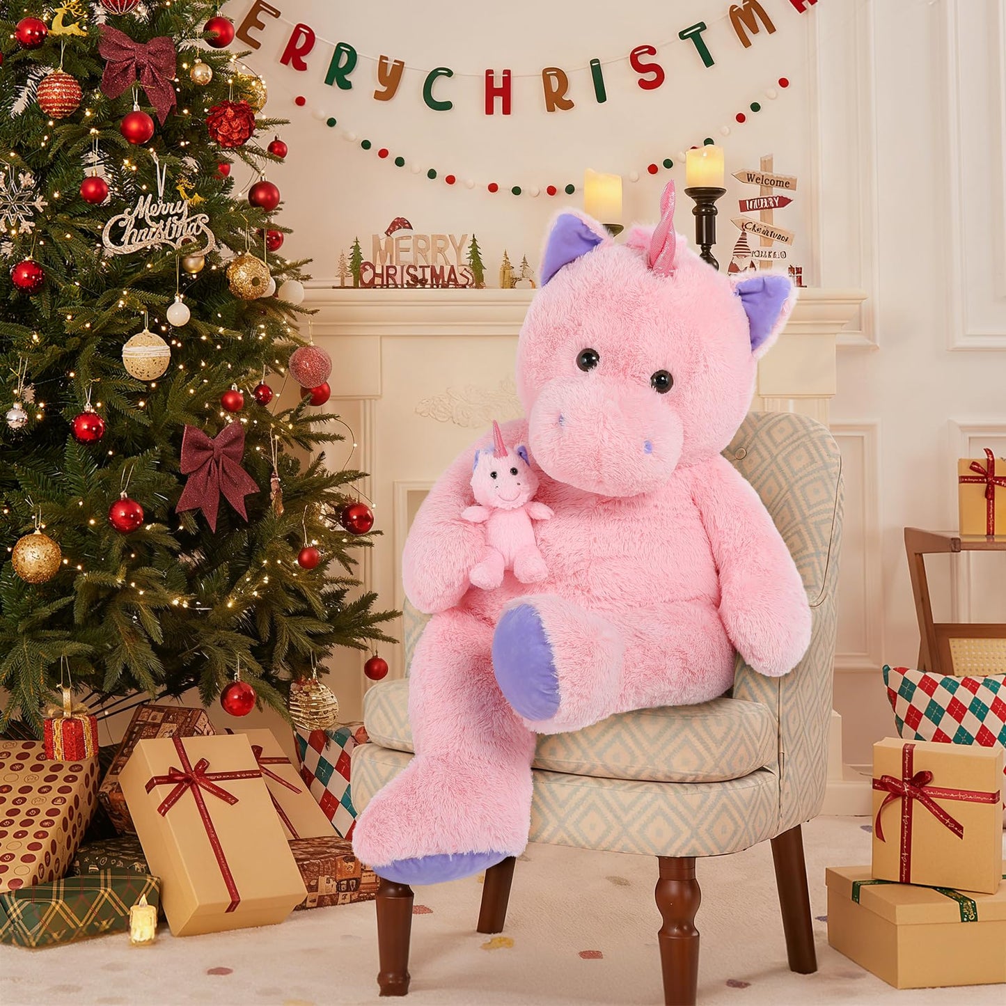 MorisMos Giant Pink Unicorn Stuffed Animal with Pony Plush Toy,39" Large Mama & Baby Stuffed Unicorn Toys Gift for Girl Boy Women Girlfriend,3ft Big Stuffed Animal for Baby Shower Birthday Party Decor