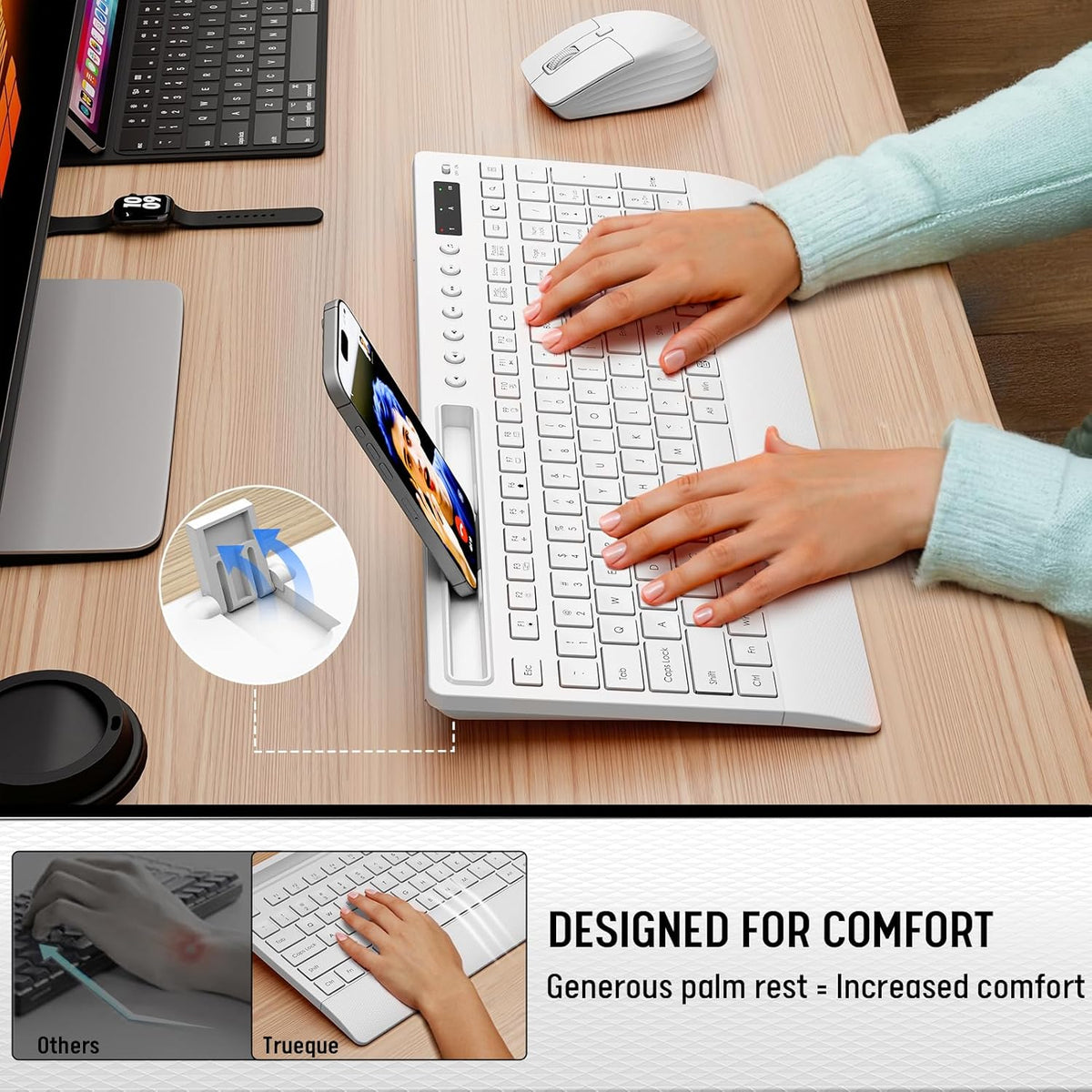 White Wireless Keyboard and Mouse Combo - Full-Size Quiet Keyboards with Palm Rest, Phone Holder, Multimedia Keys, Batteries Included, Office Key Board Compatible with Windows, PC, Laptop - Trueque