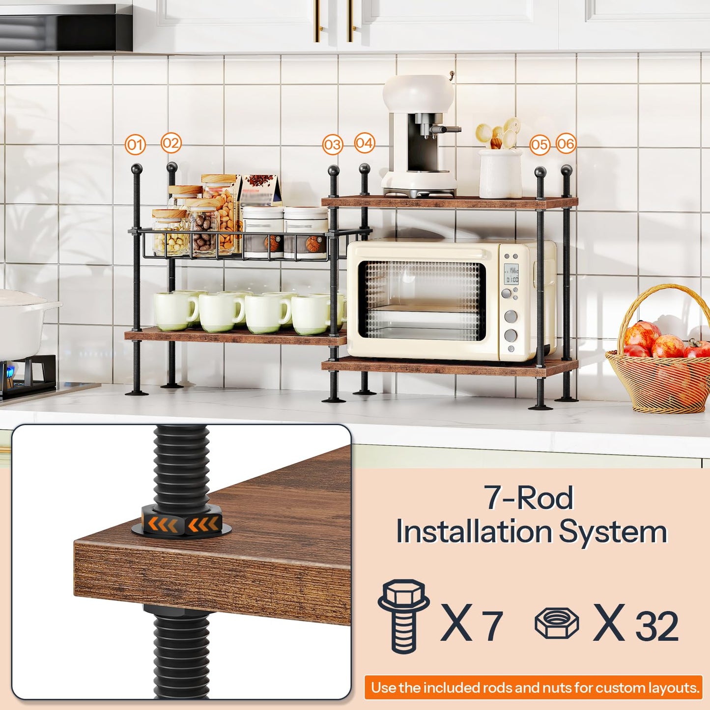HOOBRO Kitchen countertop Organizer, 4-Tier Adjustable Kitchen Storage Shelf with Rods & Leveling Feet, 3 Configurations, for Cabinet, Countertop, Bathroom, Office, Rustic Brown and Black BF21TL01
