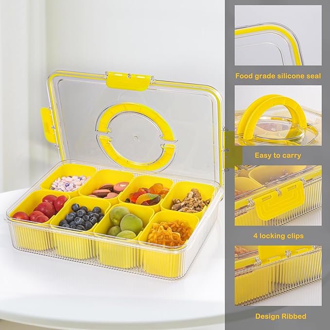 Patent Divided Serving Tray with Lid & Handle - Snackle Box Organizer for Charcuterie, Veggies, Fruits, Candy - Portable Food Storage for Travel, Beach, Picnics（1 pcs, Yellow）