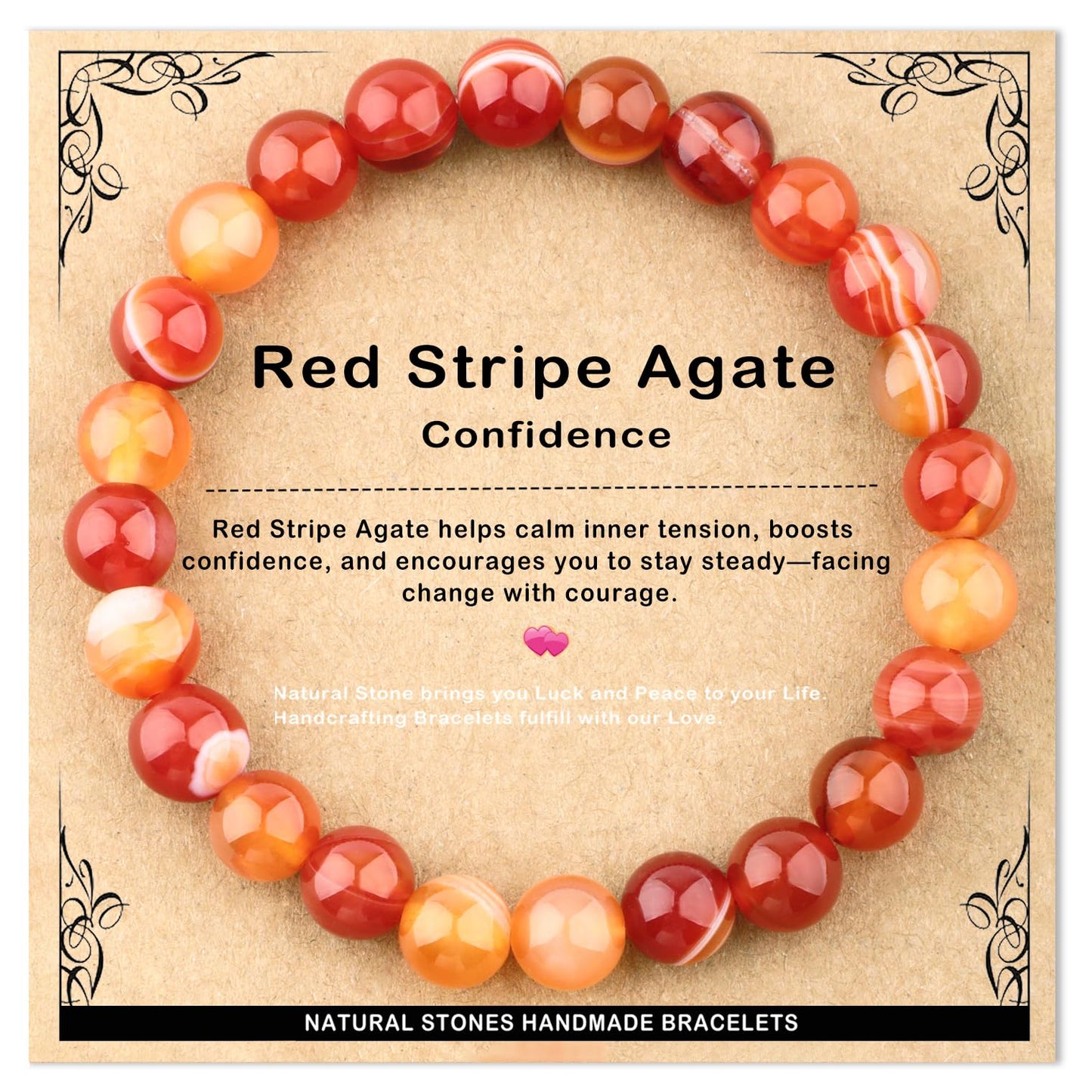 AD Beads 8mm Handmade Red Stripe Agate Elastic Bracelet – Natural Gemstone for Confidence – Meditation, Yoga, Healing and Energy Gift for Men Women
