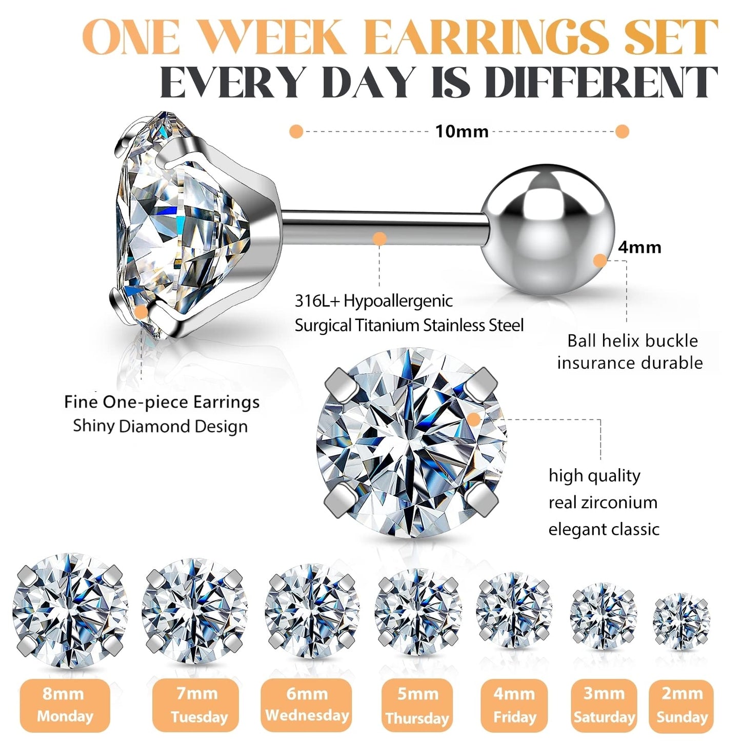 Stud Hoop Earrings Set 7 Pairs Hypoallergenic Cubic Zirconia Titanium Stainless Steel Silver Rose Gold Black 2-8mm CZ Cartilage Helix Flatback Ball Stud Hinged Sleeper Hoop Earrings Sets for Women Men