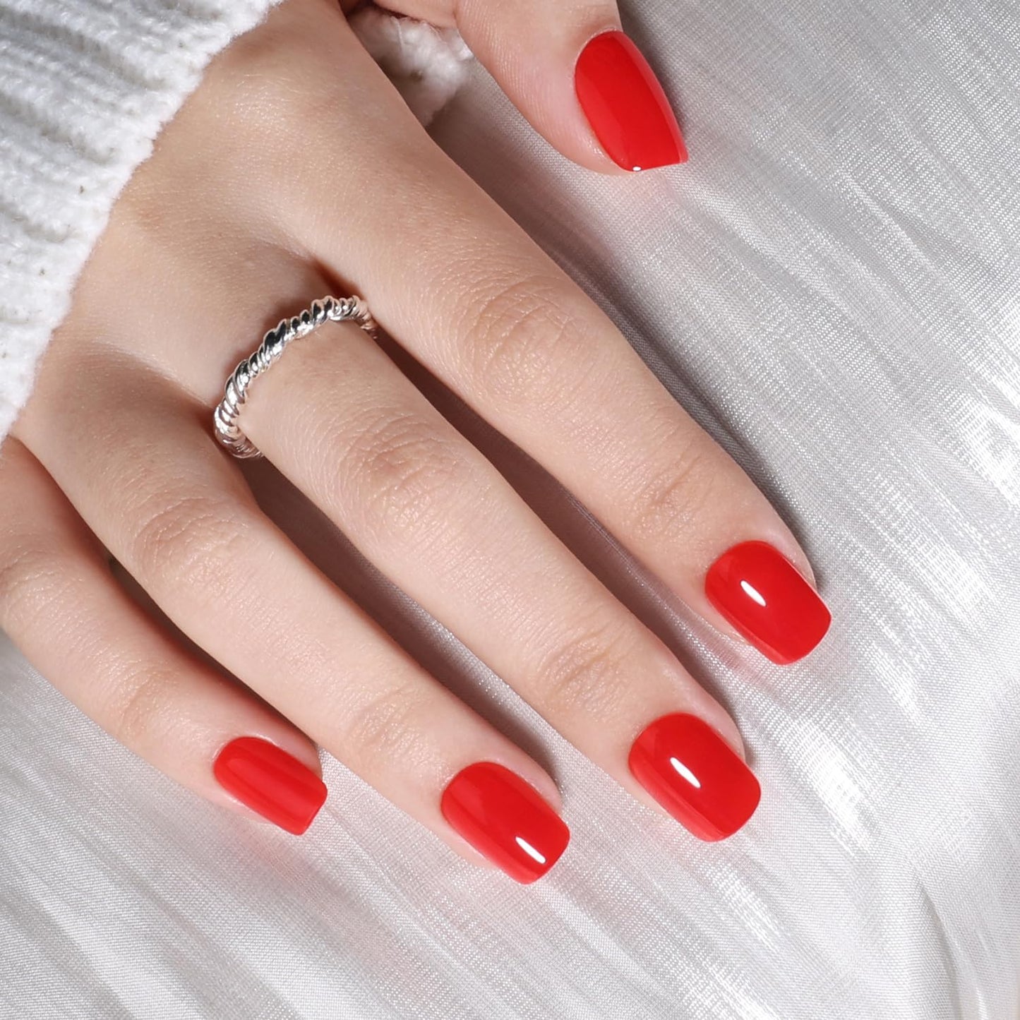 Red Press On Nails - Classic Red Short Square Fake Nails, Square Press On Nails Reusable Stick On Nails in 15 Sizes, 30pcs False Nail Kit for Women & Girls (ClassicRed)