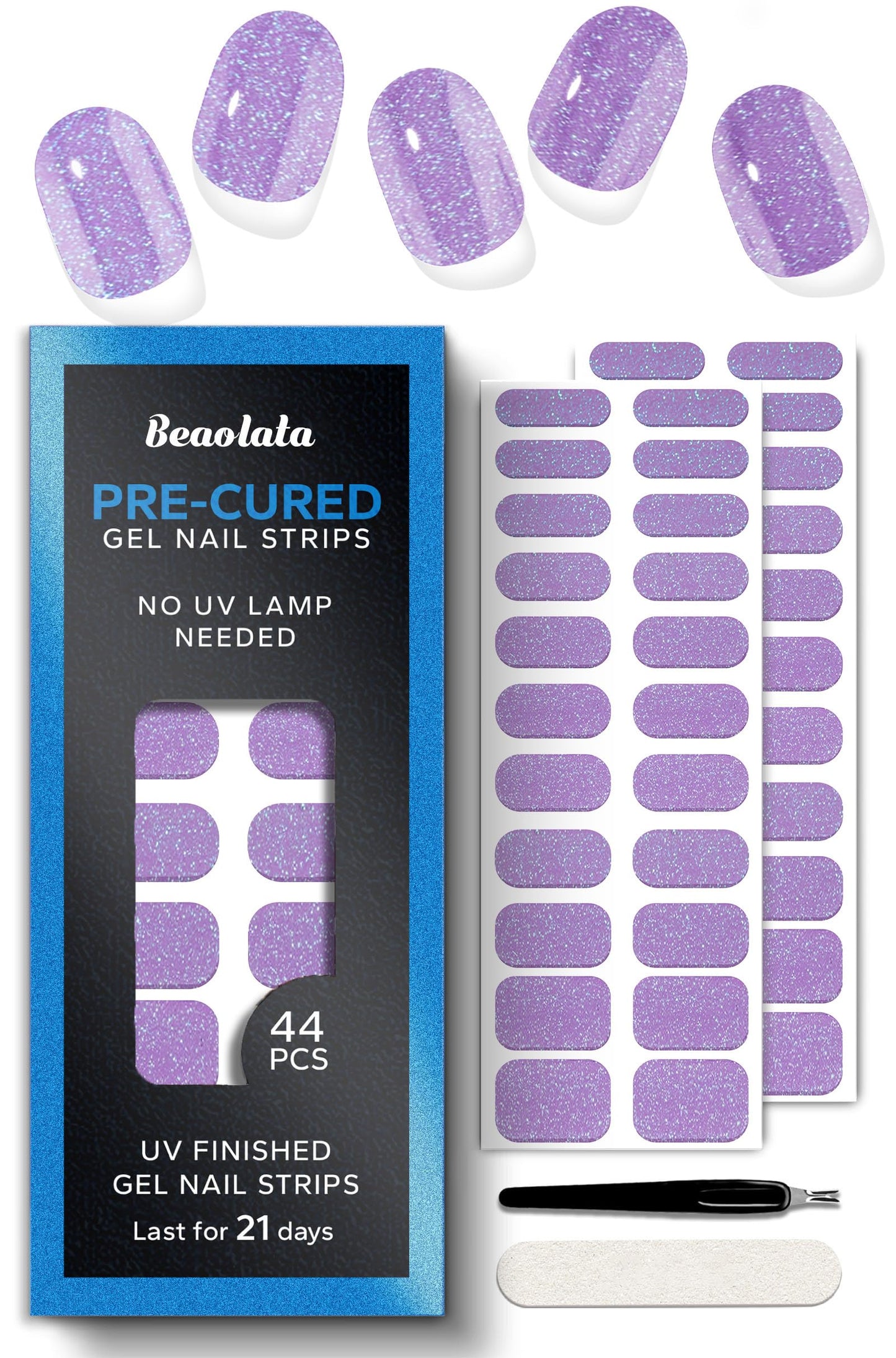 Beaolata Real Gel Nail Strips (No UV Light Needed) - 44Pcs Salon Quality Nail Stickers - Long Lasting Polish Wraps for Women, Easy Apply & Remove (Kunzite)