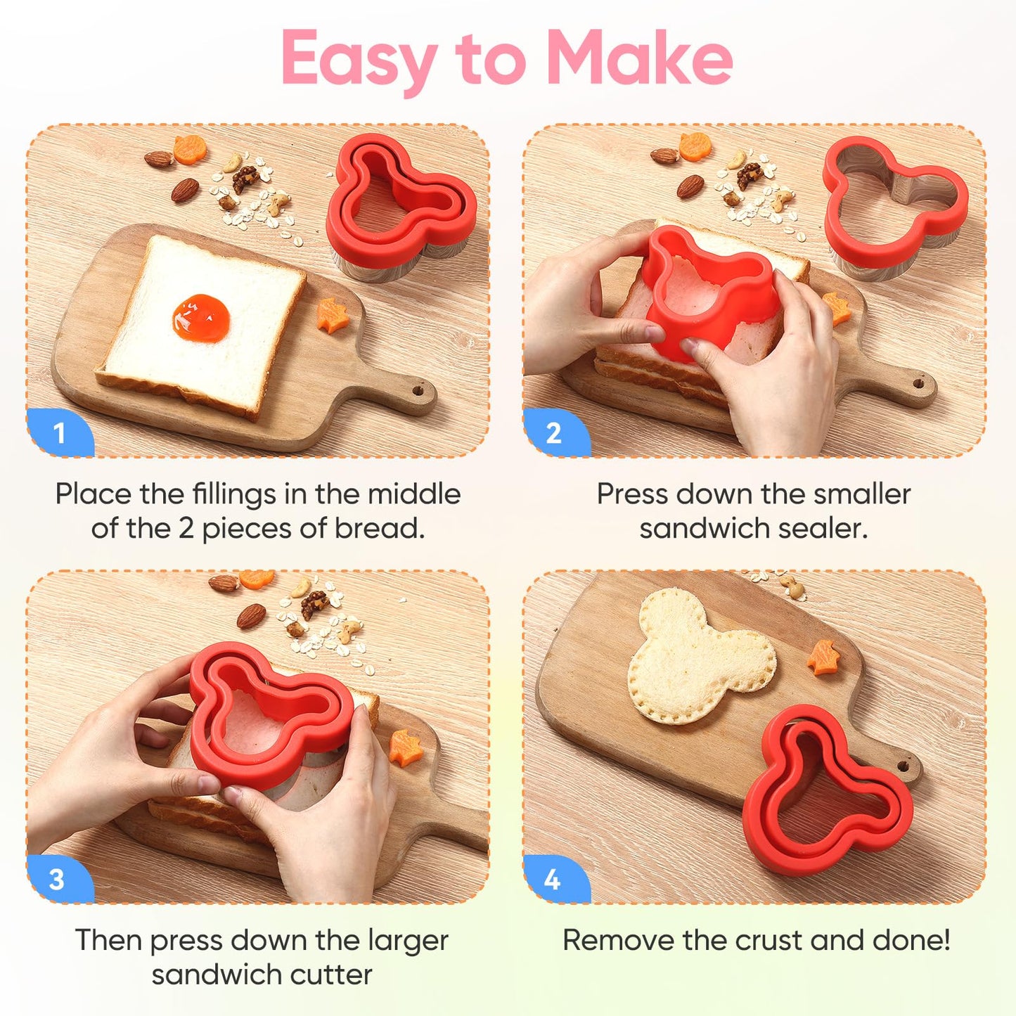 Sandwich Cutter and Sealer with Storage Case, Sandwich Maker, 24 Pcs Crustless Sandwich Cutters for Kids Lunch & Bento Box Accessories, Decruster Sandwich Maker Bread Cookie Cutters for Kids