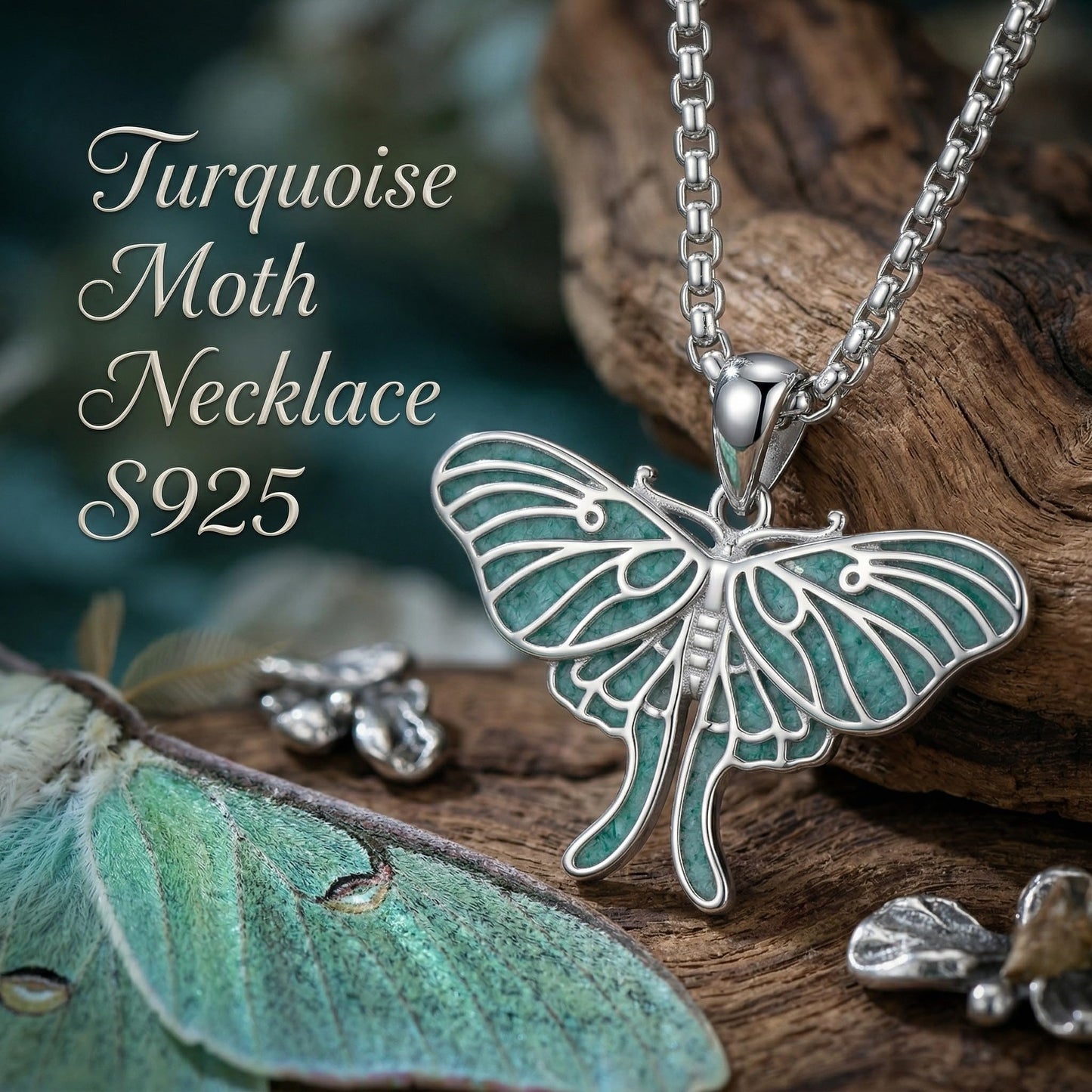 HKPATOP Turquoise Moth Necklace 925 Sterling Silver Moth Pendant Nature Insect Jewelry Gift for Women