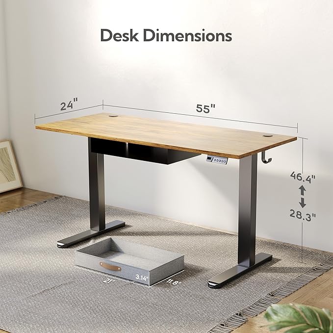 Seang Standing Desk with Drawer, 55" x 24" Height Adjustable Stand Up Desk, 3 Memory Height Settings with Cable Grommets & Storage Hooks, Ideal for Home & Office, Rustic Brown