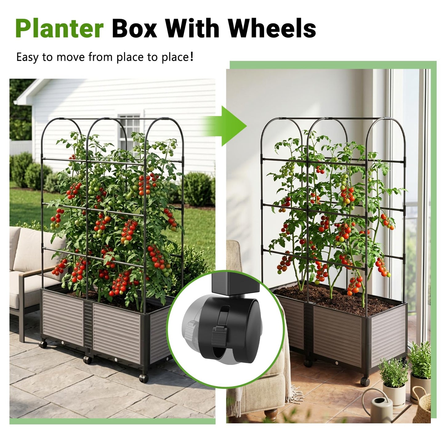 DoCred Raised Garden Bed Planter Box with Trellis for Climbing Vegetables Plants, Tomatoes Planters Outdoor Tomato Cage with Wheels, Indoor Outdoor Use