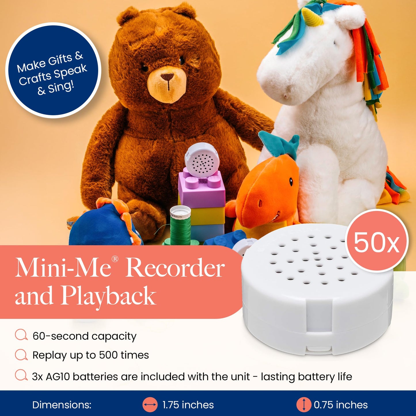 VOICEGIFT Mini-Me, 60-Second Multi-Message Audio Recorder for Plush Toys, Quilts, Pillow, Crafts, Playful Mini Voice Gift Inserts for Custom Sound Gifting & DIY Projects 1-Pack