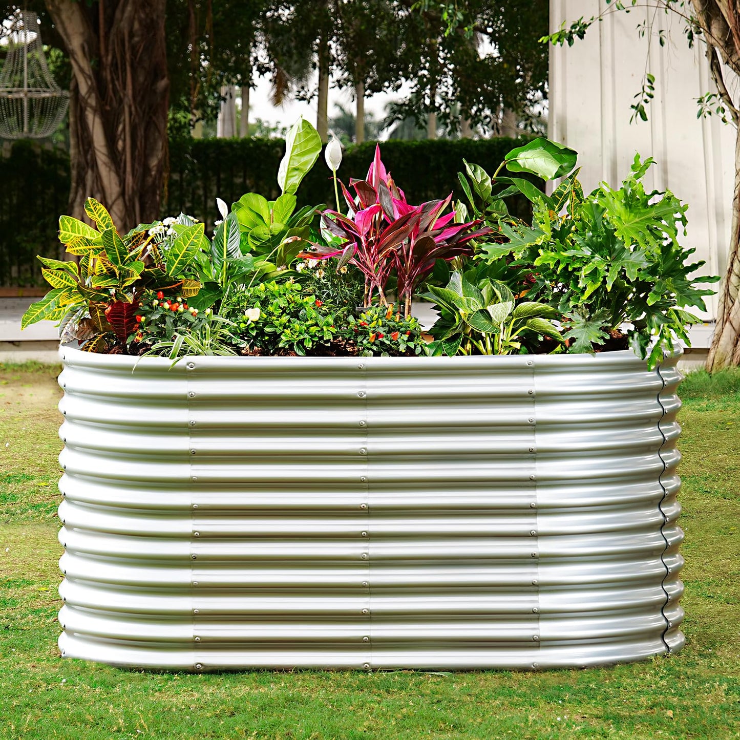 Land Guard 8x4x3ft Oval Galvanized Raised Garden Beds, Large-Capacity Metal Planter Box Outdoor, Durable Deep Raised Garden Bed 3ft Tall, Raised Beds for Gardening Vegetables, Classic Silver