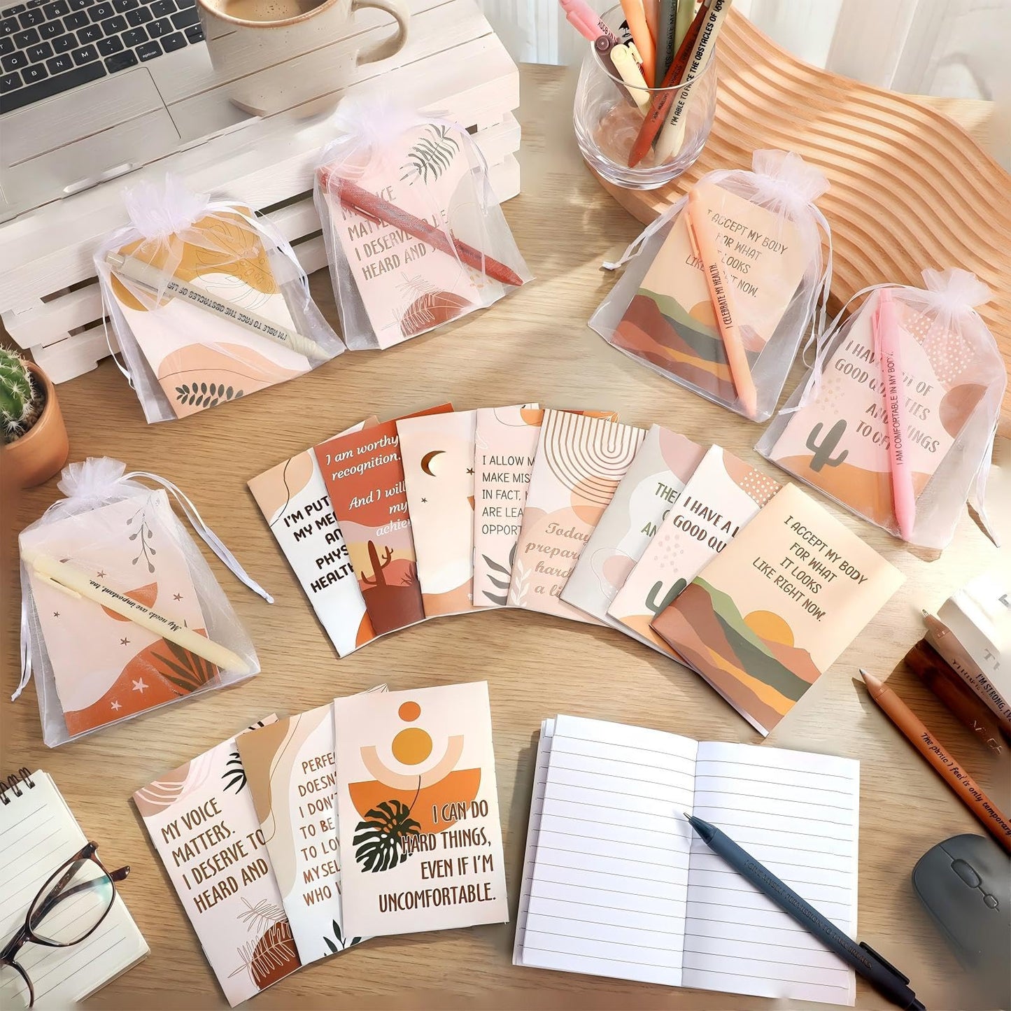 Mooliwe 24 Set/ 48 Pcs Positive Affirmation Gift Set Gratitude Notebooks with Pens Small Bags Motivational Encouragement Notepads Daily Affirmations Journal for Women Stress Relief Self Care (Rustic)