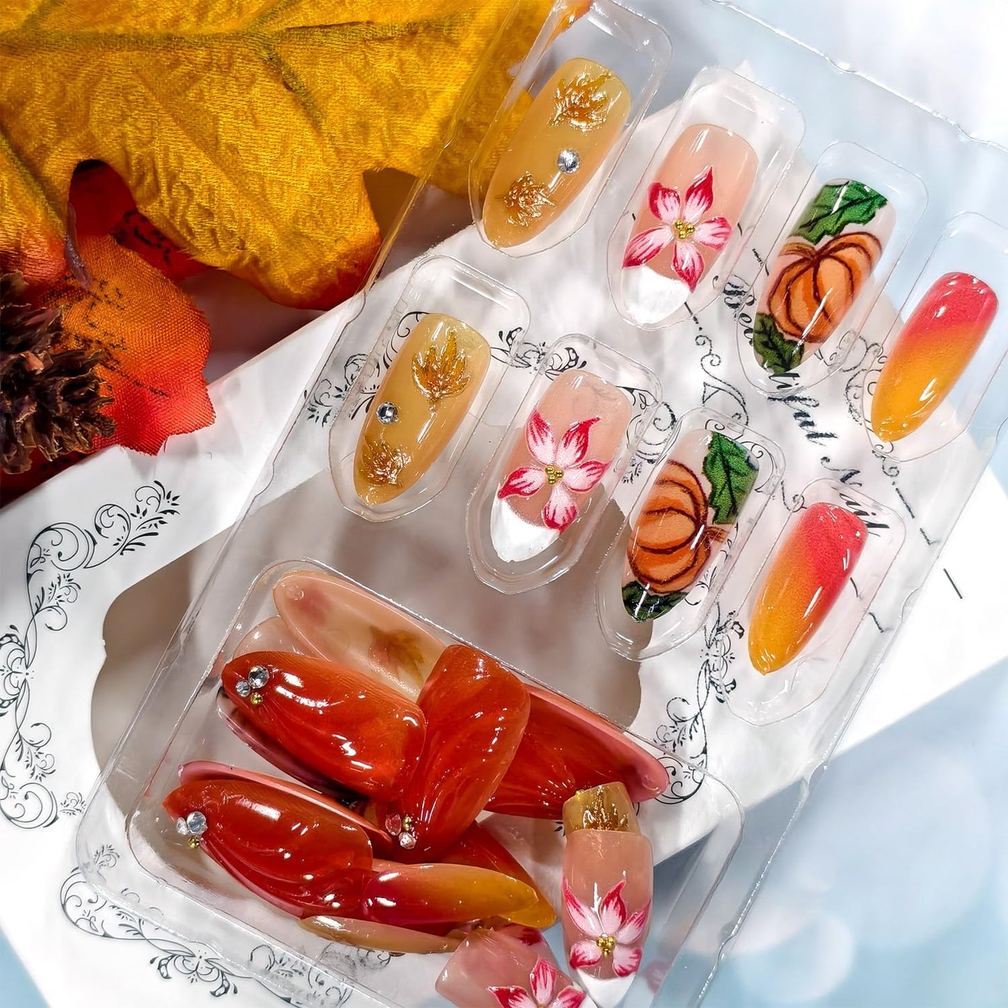 30Pcs Thanksgiving Maple Leaf press on Nails Medium Almond Artificial Acrylic Fake Nails French White Tip Gradient 3D Flower with Rhinestones Stick on Nail Full Cover Artificial Fingernails for Women