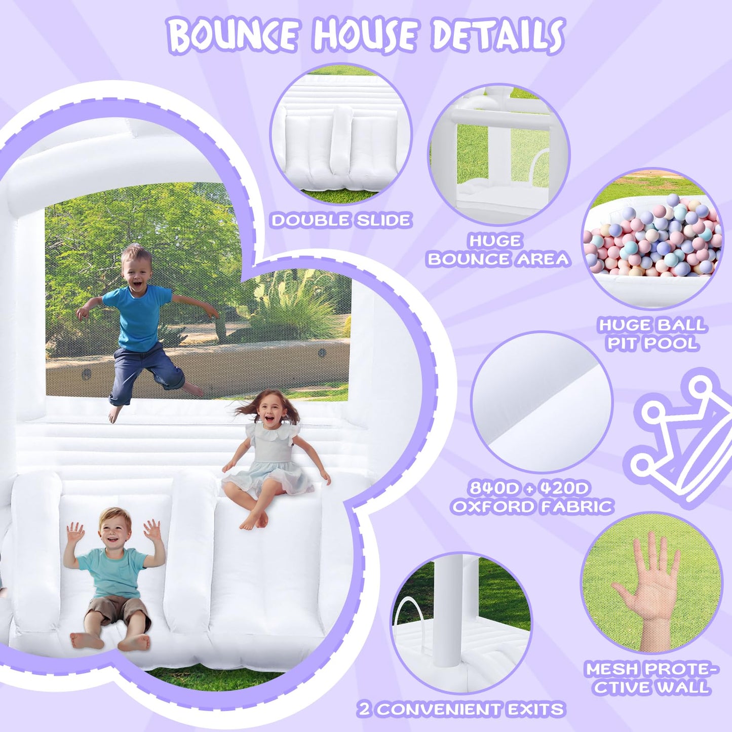 FINCOME White Bounce House, Inflatable Bounce Castle with Double Slide Ball Pit 370W Blower Bouncer for Toddler, Bounce House Bouncy Castle for Indoor Outdoor Backyard Wedding Kids Birthday Party
