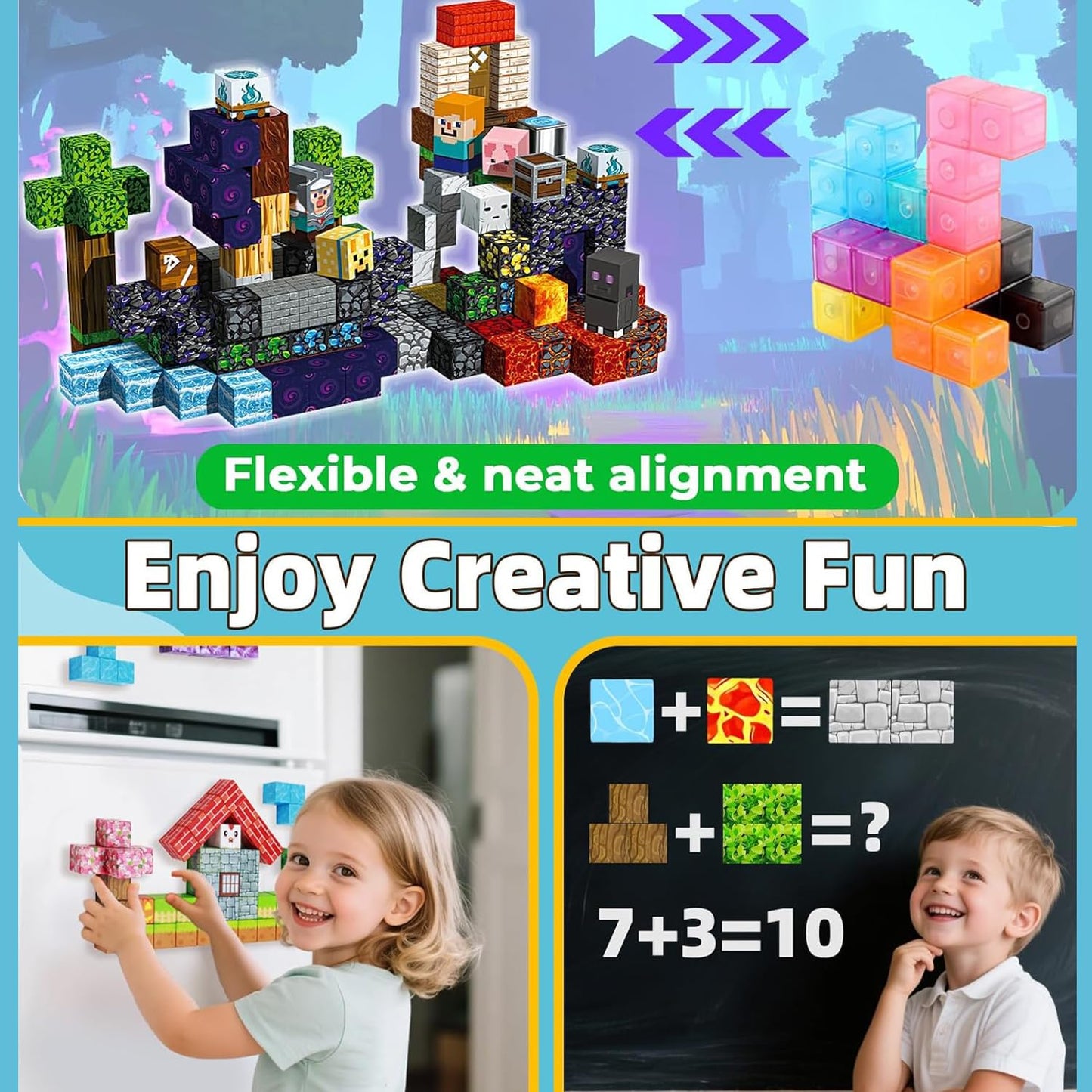 Wattlink Magnetic Building Blocks Set, 200 Pieces Pixel Style Construction Toys with Character Blocks, 0.8 Inch Cubes for Ages 3+, Non-Toxic Educational STEM Toys