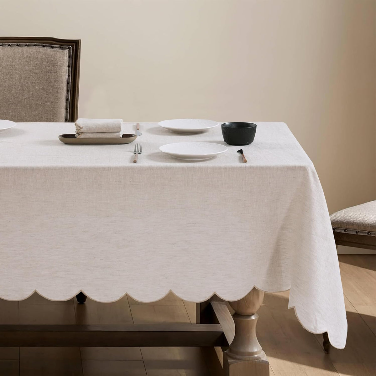 100% French Flax Linen Scalloped Embroidery Rectangle Tablecloths 120Lx60W Inch for Dinners, Parties, Spring, Machine Washable, 10-12 Sets, Linen(Edges-Gold)