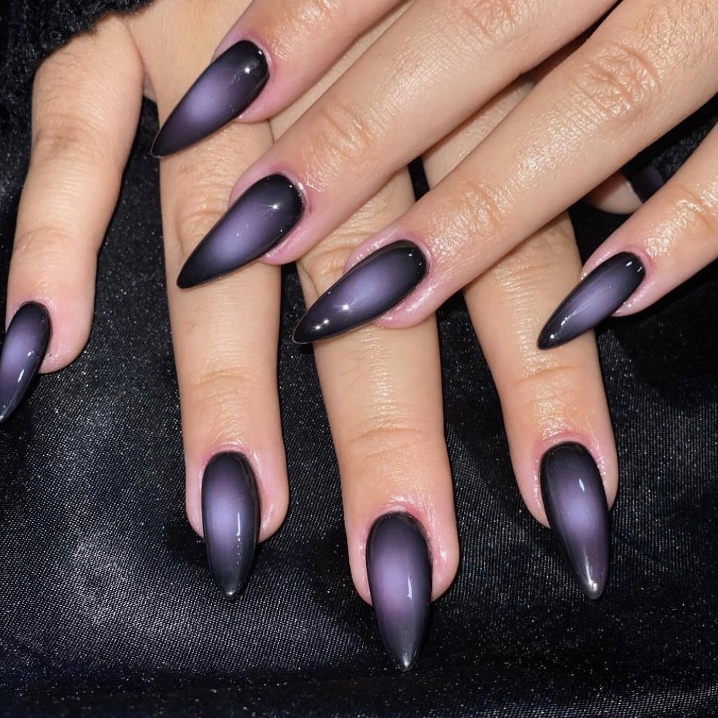 MISUD Press on Nails - Medium Almond Fake Nails with Goth Purple Black, Acrylic Gothic Design 24 pcs
