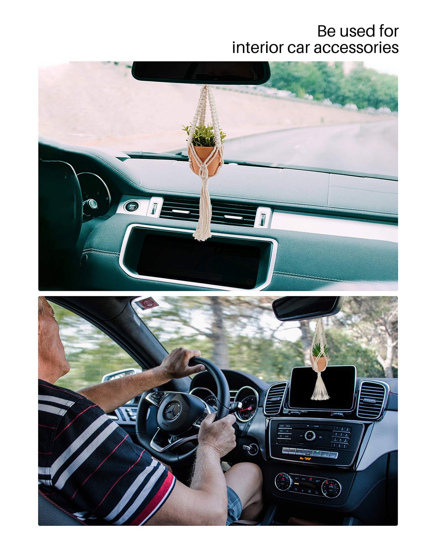 Macrame Plant Hangers, 3 Pcs Plant Hangers with Artificial Succulent Plants, Interior Car Accessories for Women, Rear View Mirror Accessories by MoHern