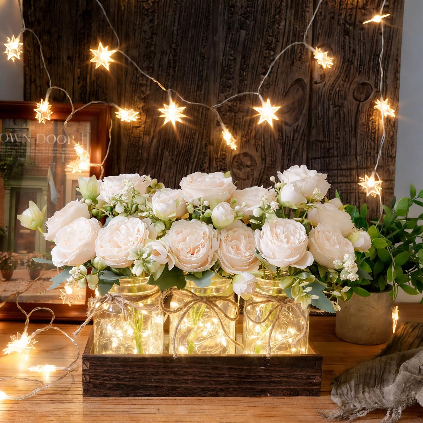 LUEUR Mason Jar Lights Centerpiece with Farmhouse Wood Tray – 3 Jars with Champagne Peony Spring Flowers, Spring & Summer Wedding Decoration for Dining Table, Coffee Table, Kitchen & Living Room