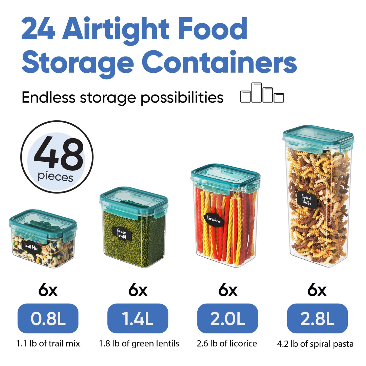 Chef's Path Airtight Food Storage Containers with Lids, 24 pcs (Teal Color) Plastic Kitchen and Pantry Organization for Dry Food, Flour and Sugar, BPA Free