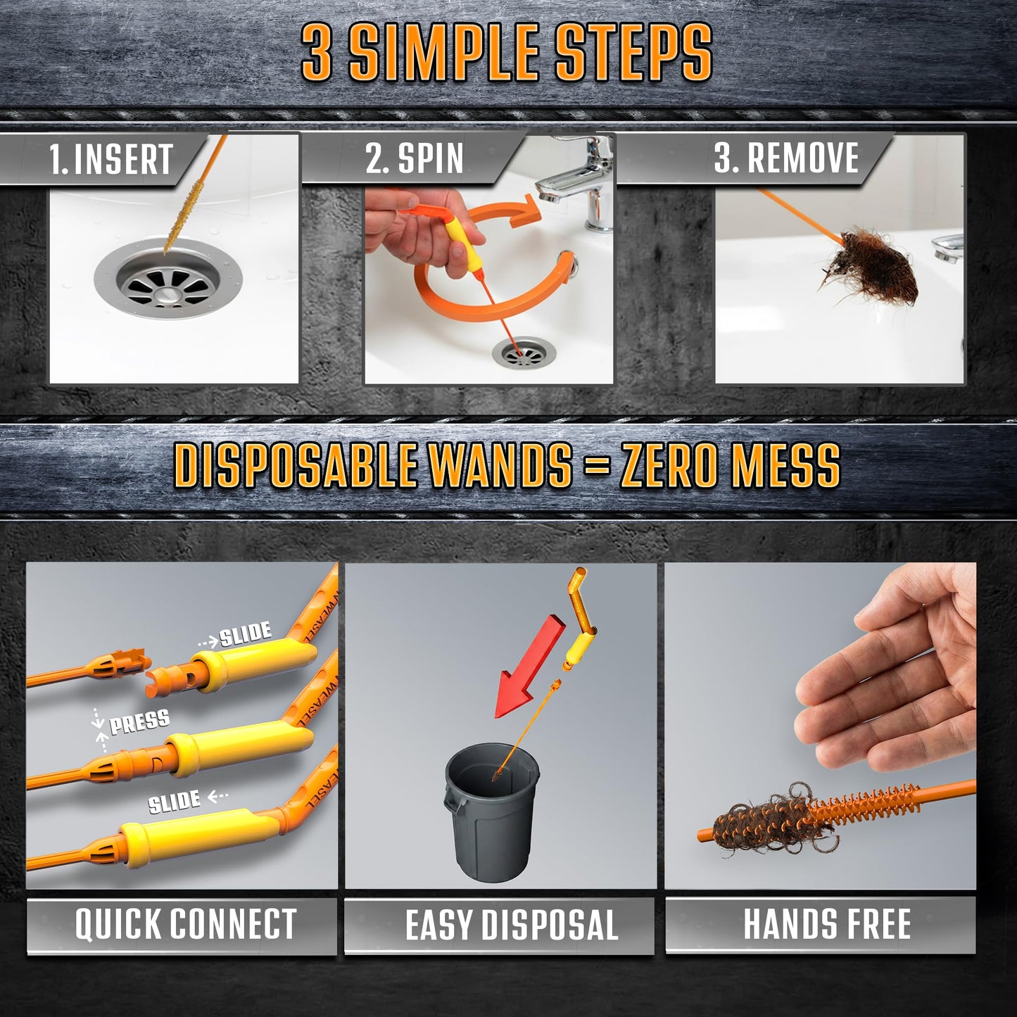 FlexiSnake Pro Drain Weasel Sink Snake Cleaner with New Molded Tip - 18″ - Drain Snake Clog Remover Tool with Rotating Handle & 5 Wand Refills - Easy to Use on Drains & Grates - Made in USA - 5-Pack