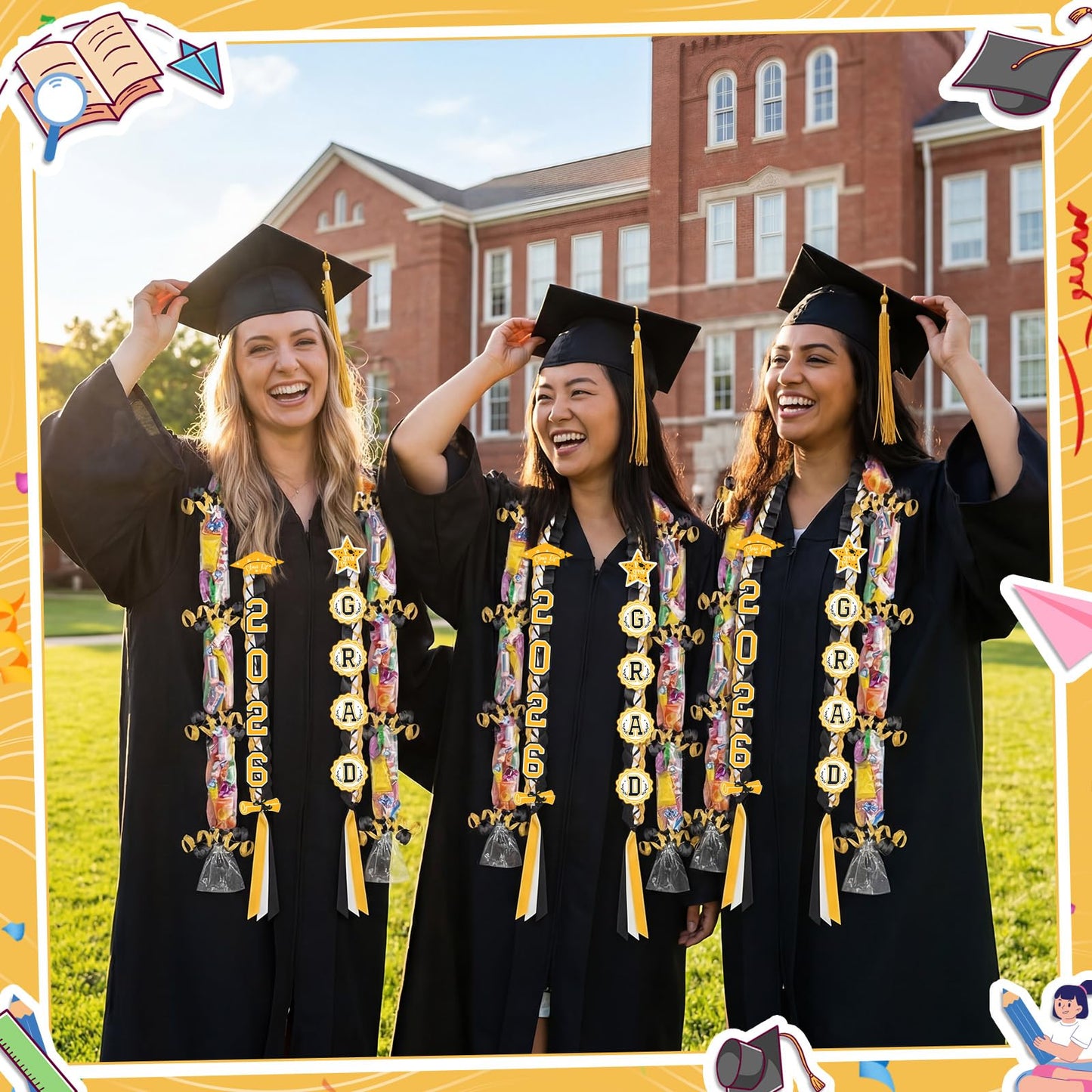 JenPen Graduation Ribbon Lei 2026 Candy Money Lei Kit with Card Double Braided Leis Class of 2026 Grad Gift for Party(Black,White,Gold)