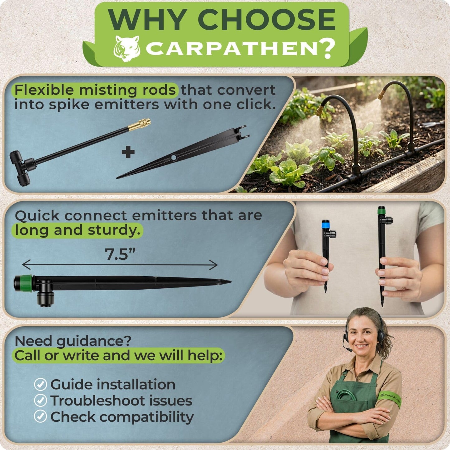 CARPATHEN 100FT Drip Irrigation System - Pressure Optimised Garden Watering System w 15pcs 360° Atomizing Nozzles, 16 Adjustable Drip Emitters 5/16 and 1/4 Tubing - Complete Watering Spray System