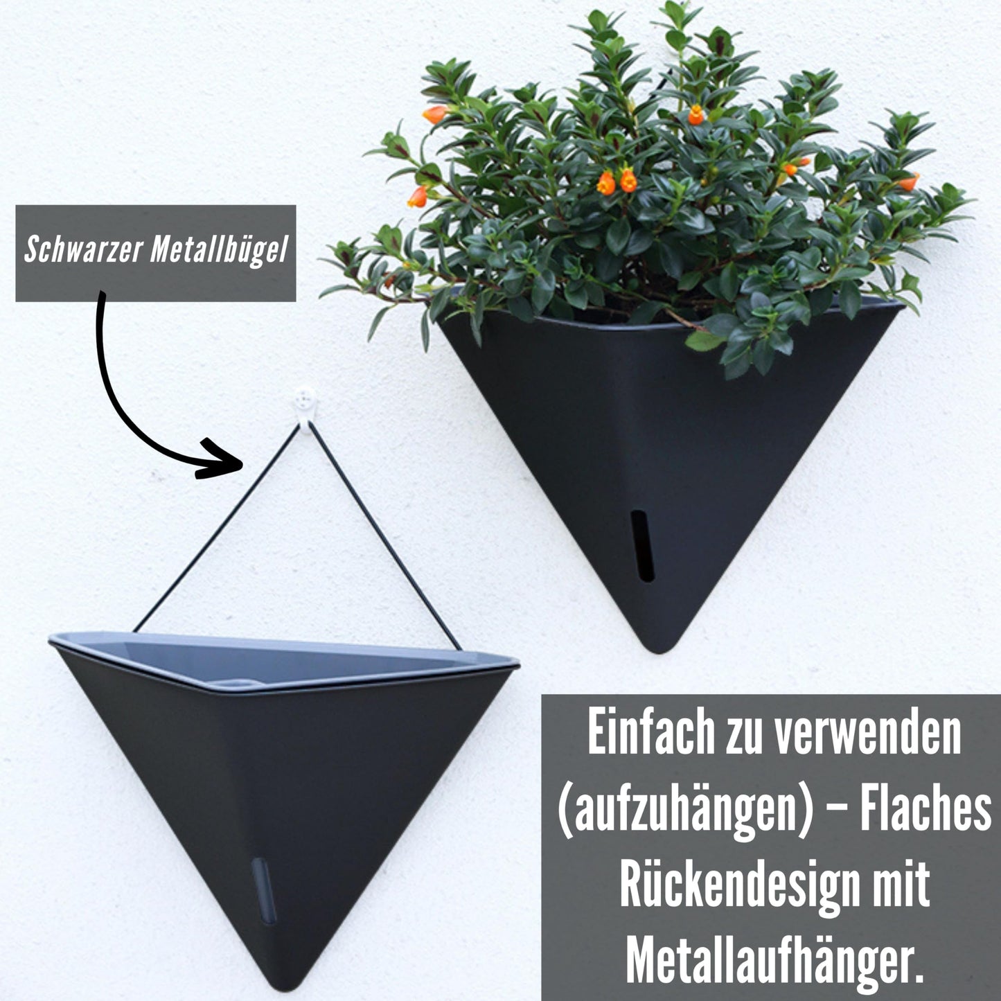 LaLaGreen Wall Planters for Indoor Plants - 4 Pack, 12 Inch Large Self Watering Black Geometric Hanging Flower Vase Vessel with Metal Hanger, Modern Stylish Wall Mounted Succulent Pot Holder Decor