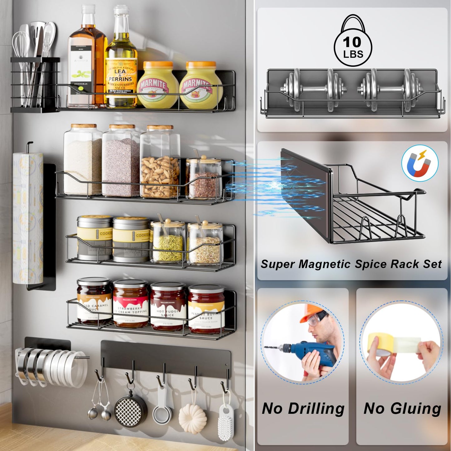 IYEBAU Magnetic Spice Rack for Refrigerator,8 Pack Magnetic Fridge Shelf, Moveable Spice Organizer with Hook Rack, Paper Towel Holder, Utensil Holder,cup lid holder, Super Magnetic Rack Set (Black)