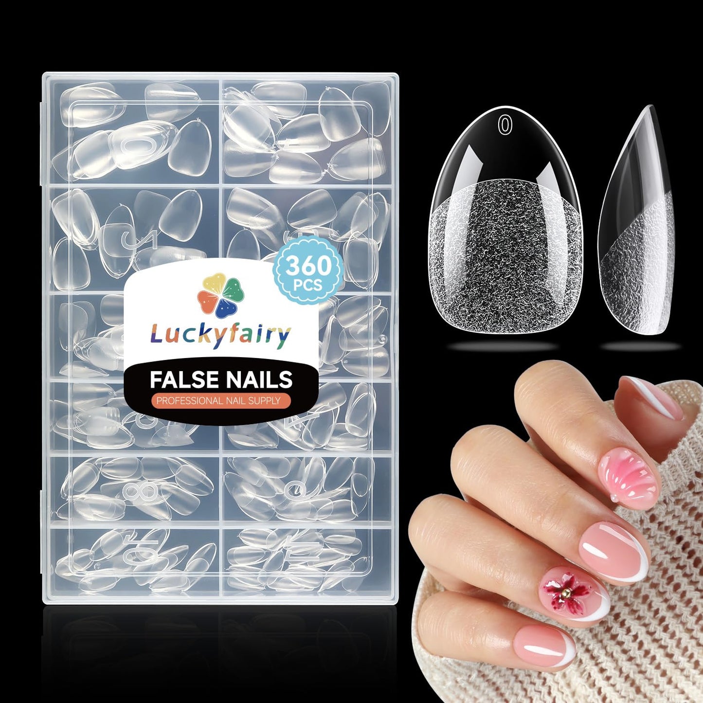 Luckyfairy Extra Short Almond Nail Tips, 360pcs Soft Gel Pre-Shaped Acrylic XS Fake Nails, Half Matte Full Cover Clear Press on Flase Nail Tips for Extension Manicure Home DIY 12 Sizes Gelly Tips