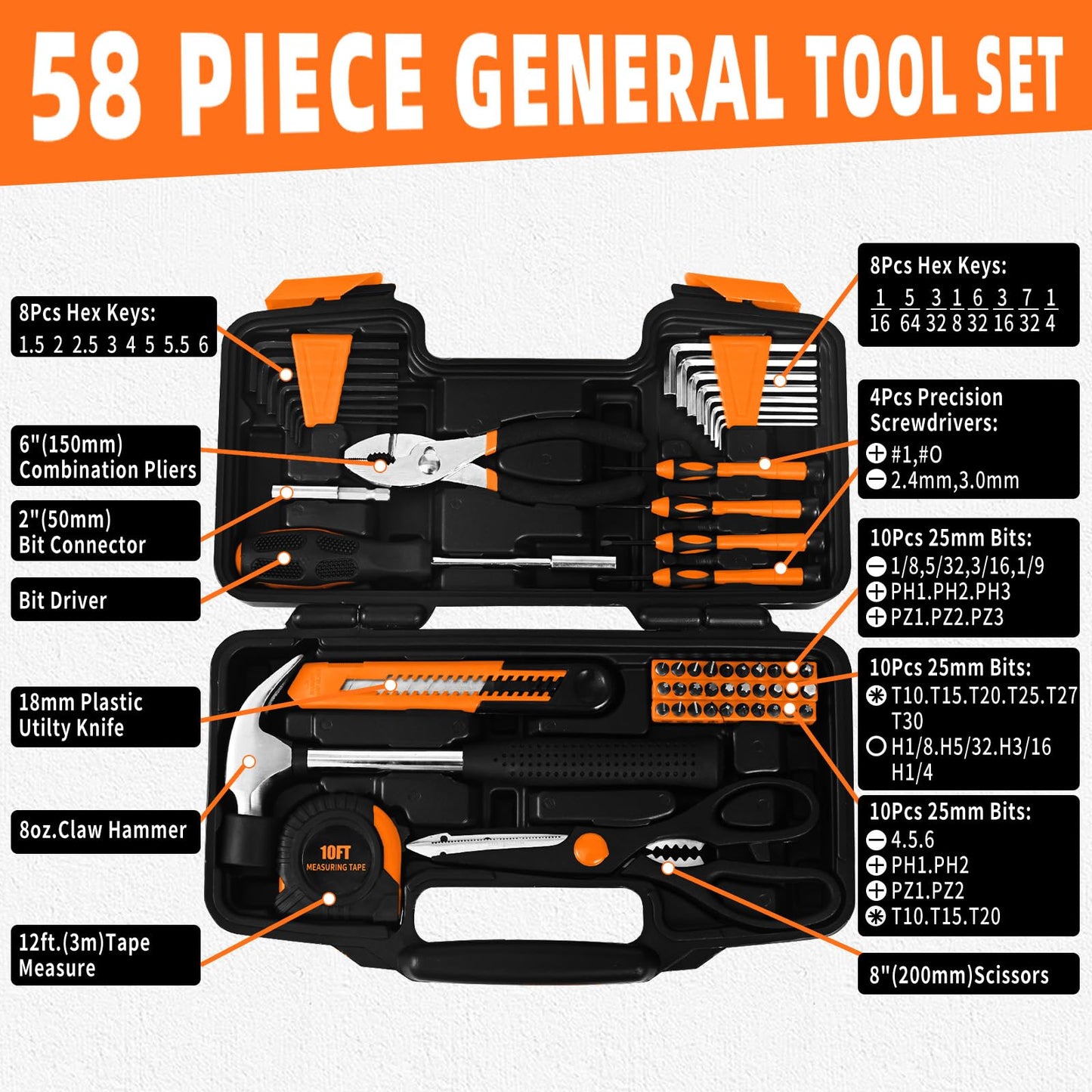 GETFOO 58-Piece Tool Kit Basic Home Repair Tool Set, General Household Hand Tool Kit,Small Tool Kit with Plastic Toolbox Mini Tool kit for Women, Office & College Repairs Orange