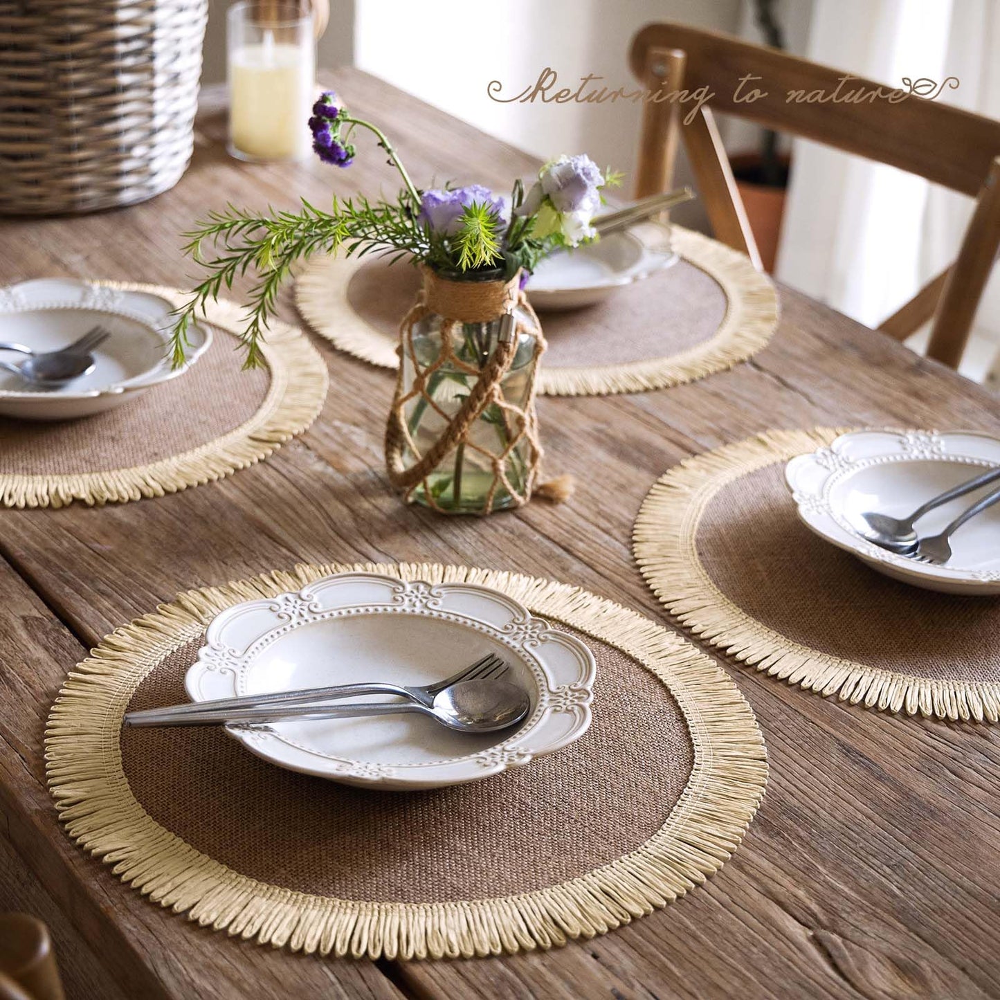 FunWheat 15 Inch Round Jute Placemats Set of 12, Braided Burlap Table Mats for Dining Table, Heat Resistant Farmhouse Woven Placemats for Fall Farmhouse Decor (Coarse-Edged Sunflower)