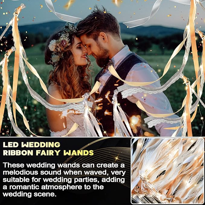 Unittype Wedding Wands Ribbon Streamers with Bells LED Fairy Light up Silk Fairy Wand Glow in the Dark Flashing Lace Stick for Wedding Birthday Party Favors (Champagne & Warm White LED,24 Pieces)