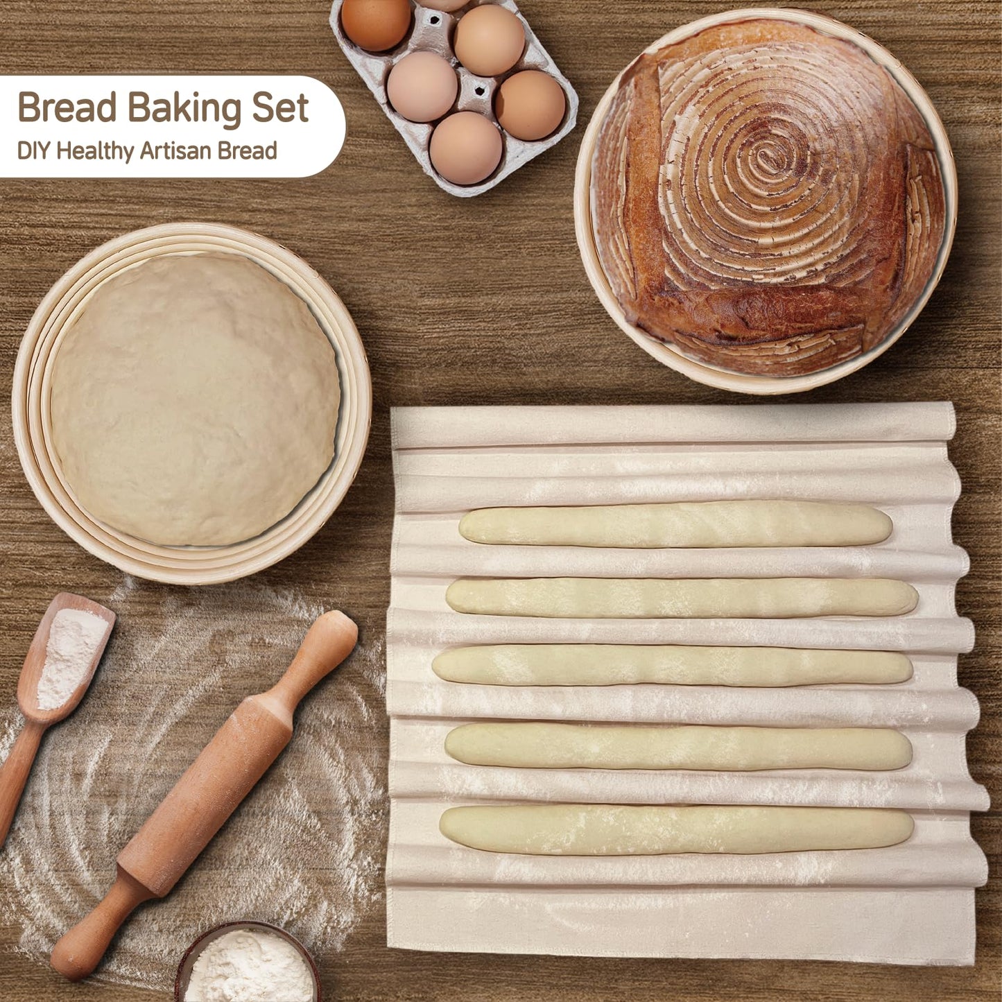 Bread Proofing Basket Set of 2: 9.8 Inch Sourdough Proofing Baskets with 17"x29" Proofing Cloth for Bread Baking, 2 Proofing Bowls and Bread Couthe Cloth for Baguettes, Loaves