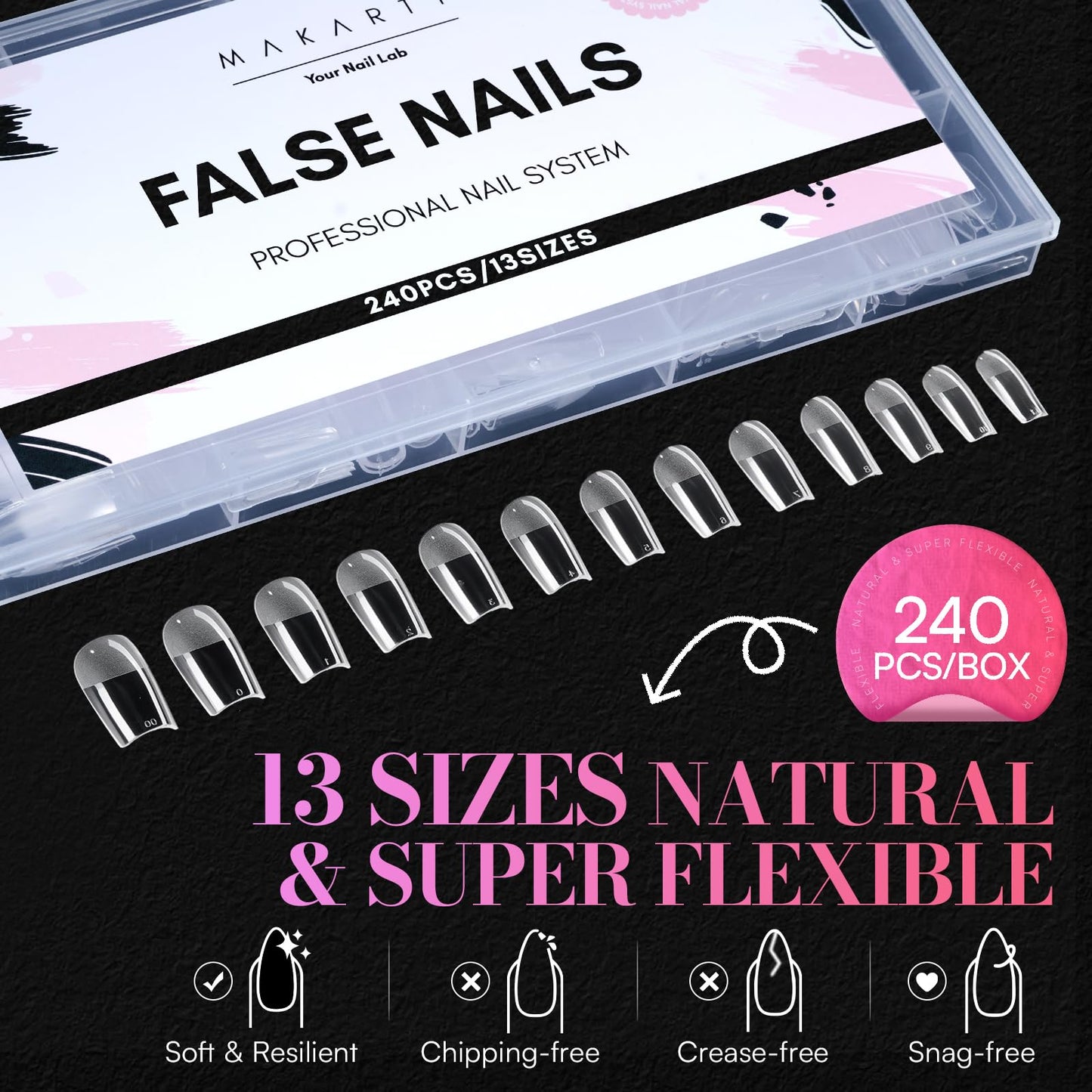 Makartt Medium Square Nail Tips: 240PCS, 13 Sizes, Half Matte, Clear Fake Nails Squoval Shapes - Full Cover Soft Acrylic Press On Nail Extensions Supplies Salon and DIY at Home
