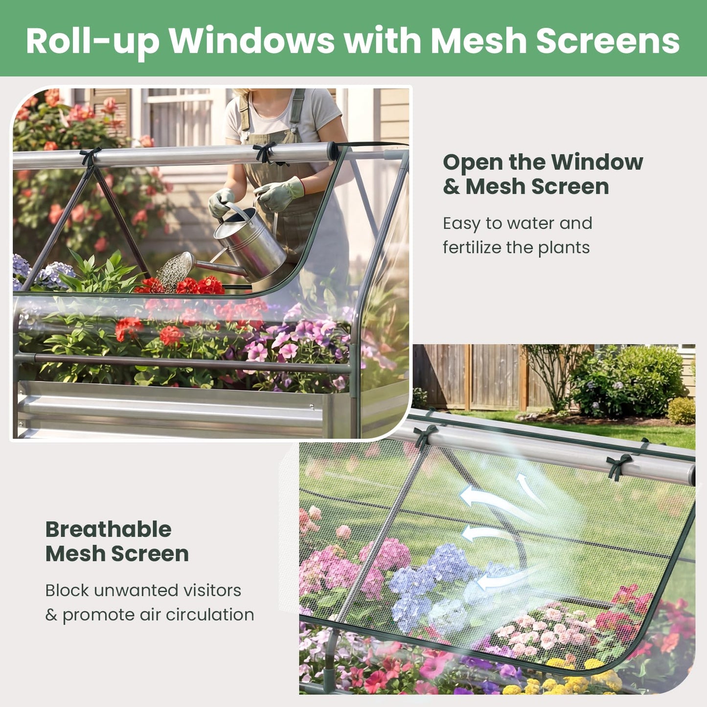 Happygrill Raised Garden Bed with Cover, Galvanized Planter Boxes Outdoor w/Mini Greenhouse, 2 Roll-up Windows & Open-Ended Base, Metal Growing Raised Bed for Vegetables (Silver, 72” x 36” x 37”)