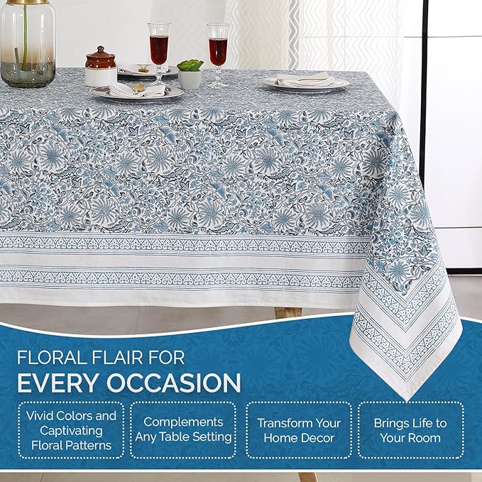 Labhanshi Indian Handblock Print Table Cloth|Cotton Floral 60x90 Inch Rectangle 6-Seater Patio Table Cover for Event, Wedding, Banquet & Parties|Washable Spring Easter Home Decor|Blue Butterfly
