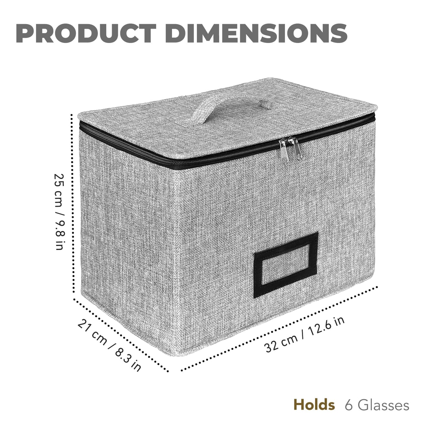 HURZMORO Wine Glass Storage Box with Dividers, Holds 6 Red or White Wine Glasses, Hard Top and Sides,6 Compartment Stemware Storage Container, Grey