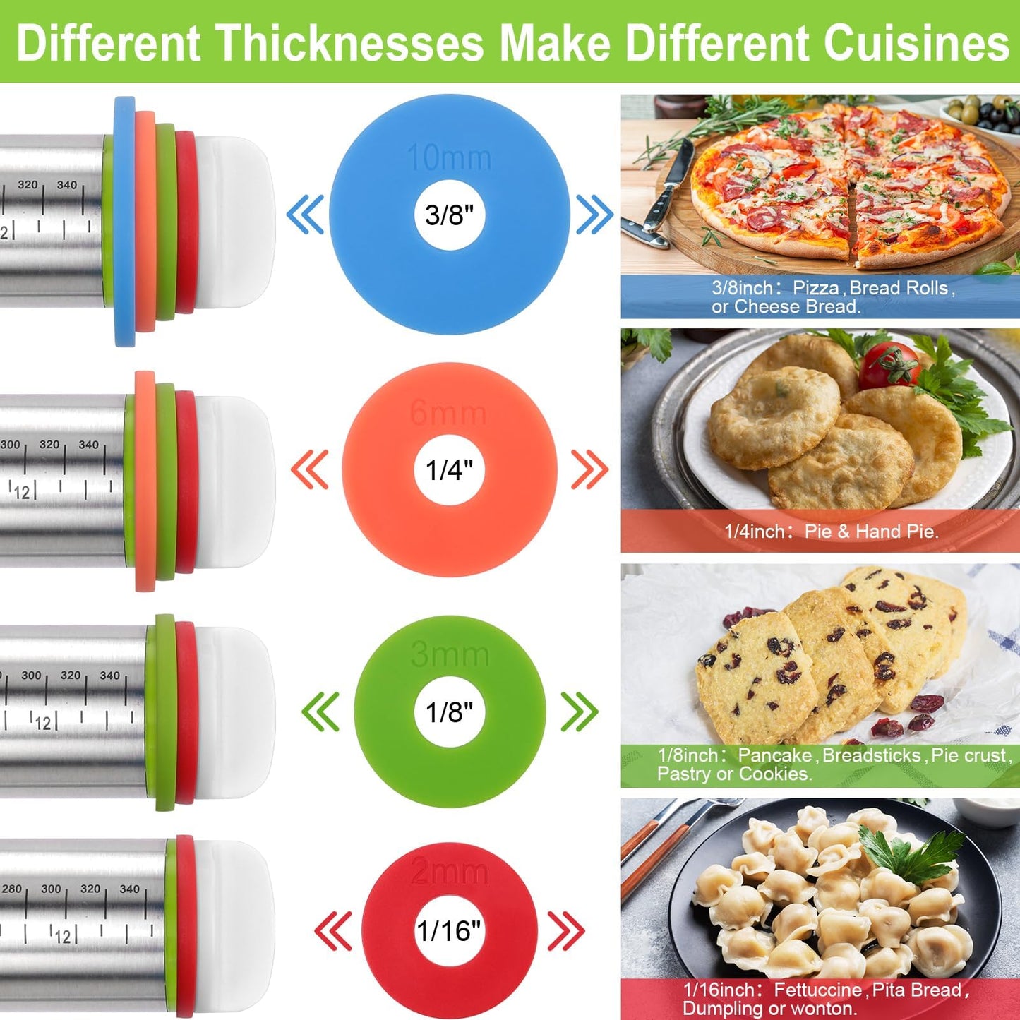 Rolling Pin with Thickness Rings and Silicone Baking Mat, Adjustable Stainless Steel Rolling Pins for Pasta or Sugar Decorating Cookies, Bread Making Tools Fondant Roller for Dough, Dumpling, Ravioli