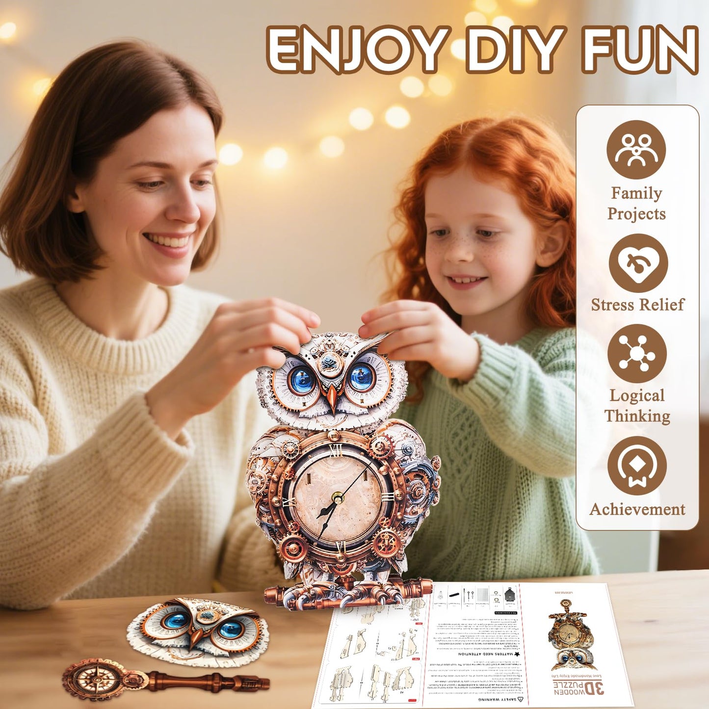 Cutywood 3D Puzzles for Adults Clock-Mechanical Owl Design Model Kit-Mechanical DIY Pendulum Clock with Roman Numerals-Desk Home Office Decor Personalized Gift for DIY Lovers