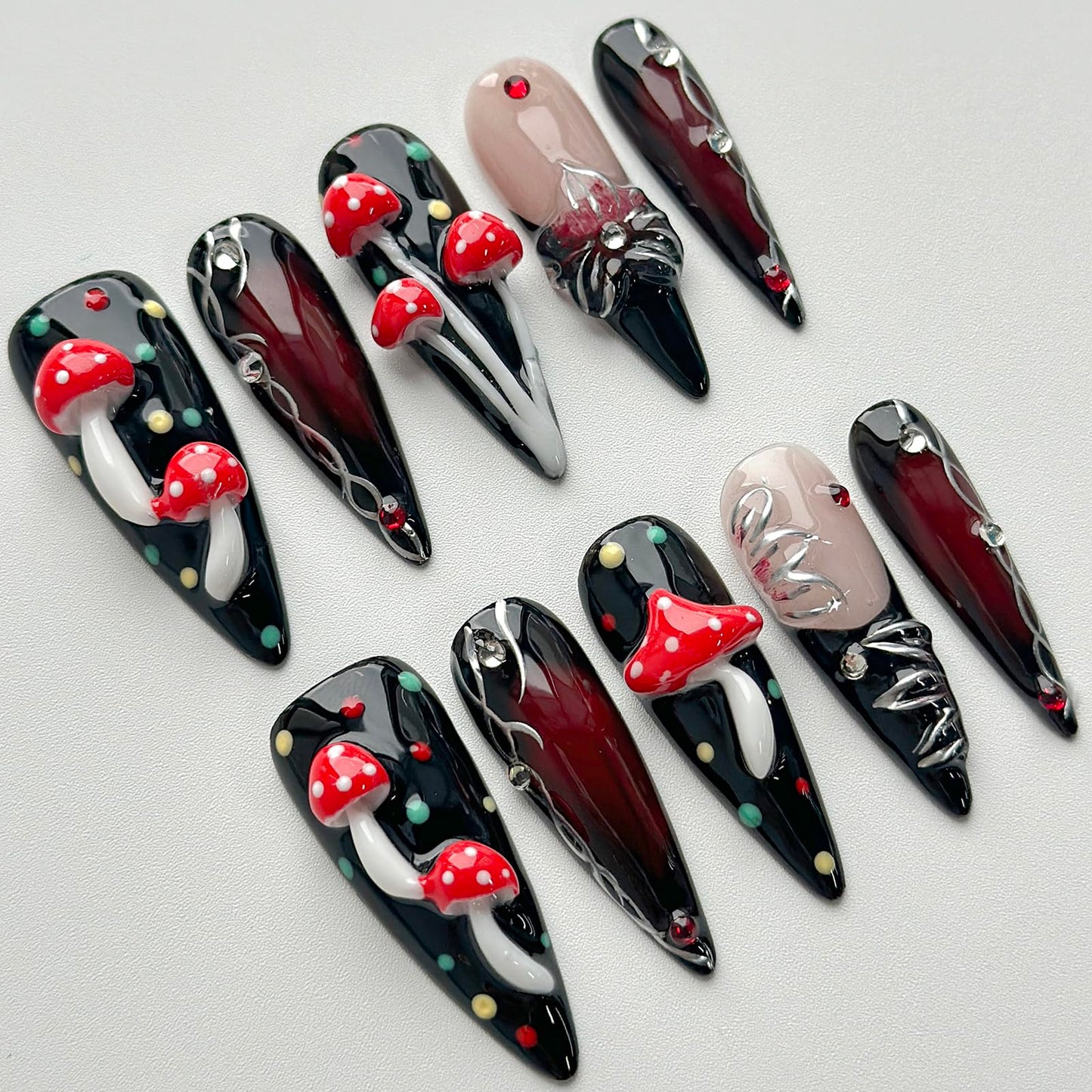 Luxury Press on Nails Long Stiletto Handmade 3D Unique Reusable ABS Material Fake Nails Black False Nails with Designs Mushroom Polka Dots Rhinestones Glossy Glue on Nail Thick Acrylic Nail(S)