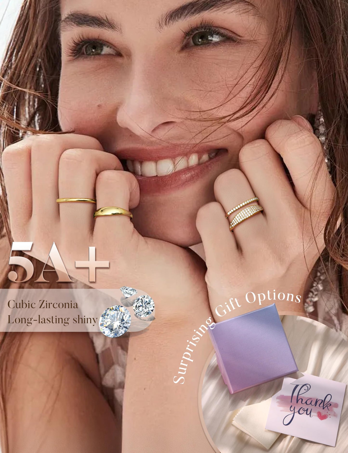 LOLIAS 14K Gold Plated Stackable Rings for Women Non Tarnish - Dainty Cubic Zirconia Wedding Bands Ring Set Minimalist Trendy Statement Engagement Promise Thumb Rings Stacking Size 5-10 Unique Size 10