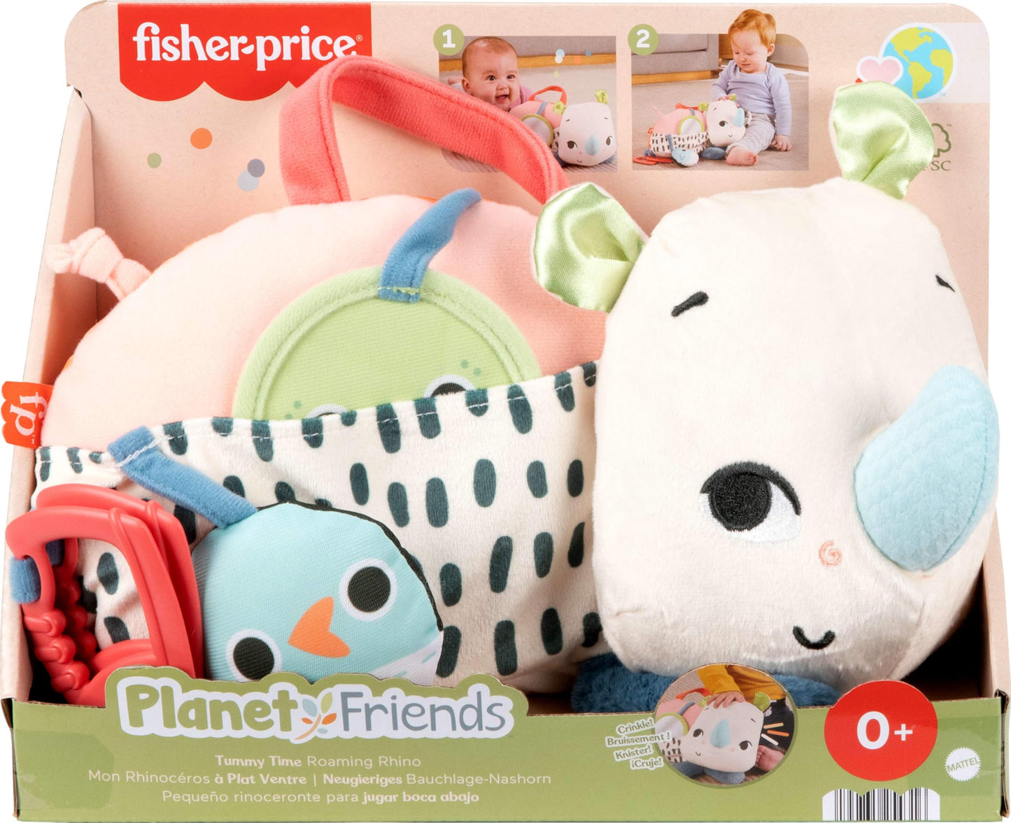 Fisher-Price Newborn Toy Planet Friends Tummy Time Roaming Rhino Plush with Sensory Activities for Babies Ages 0+ Months