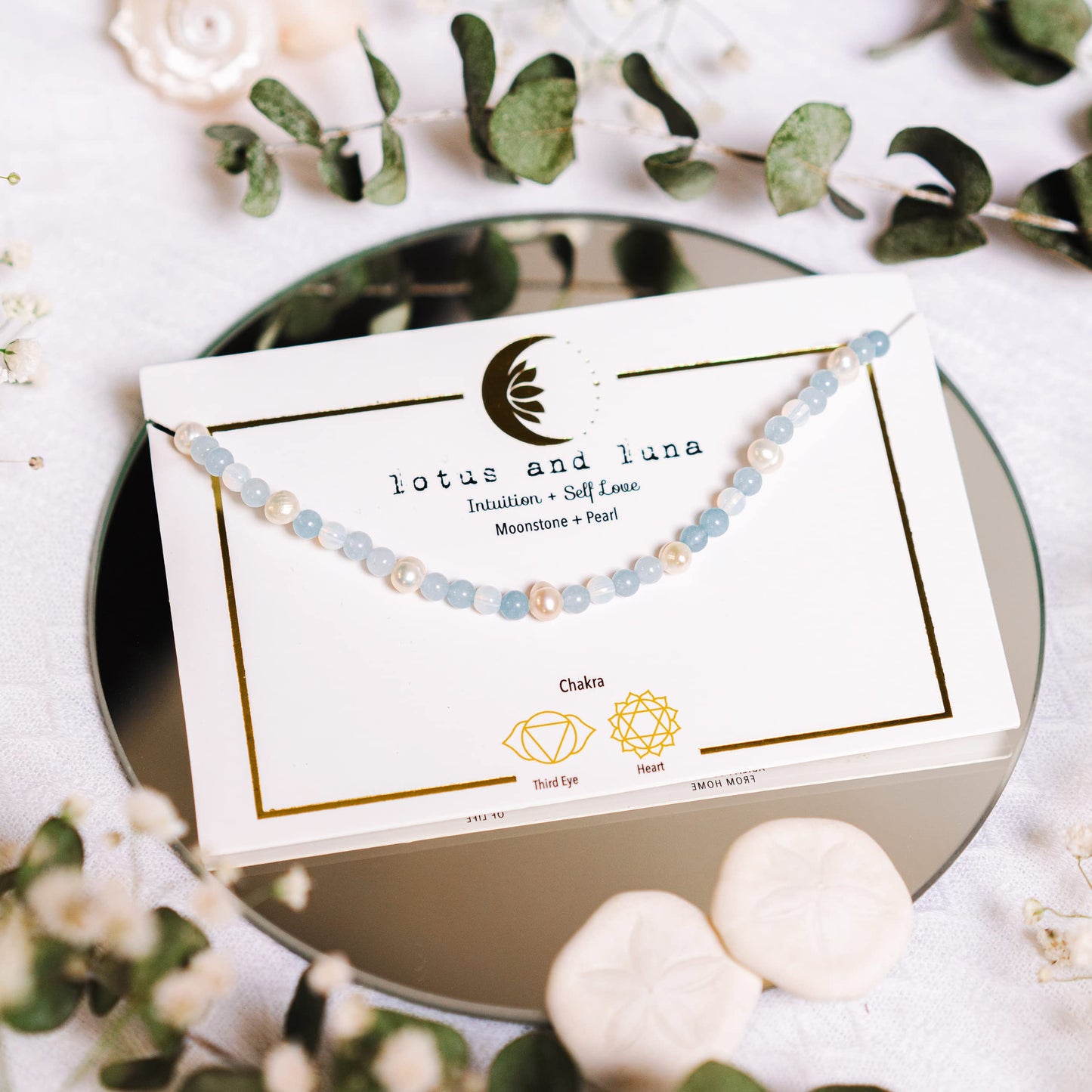 Lotus and Luna 4MM Energy Chakra Healing Necklace with Real Stones Jade, Pearl, Rose Quartz, Amethyst, Moonstone (Intuition + Self Love)