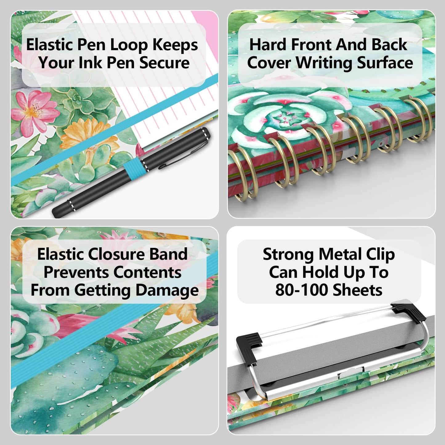 Clipboard Folder with Notepad Refillable Lined for Letter Size (11" x 8.5"), 5 Dividers with Storage 10 Pockets, Cute Spiral Foldable Clipboard with Metal Clip School Office Supplies(Cactus Flowers)