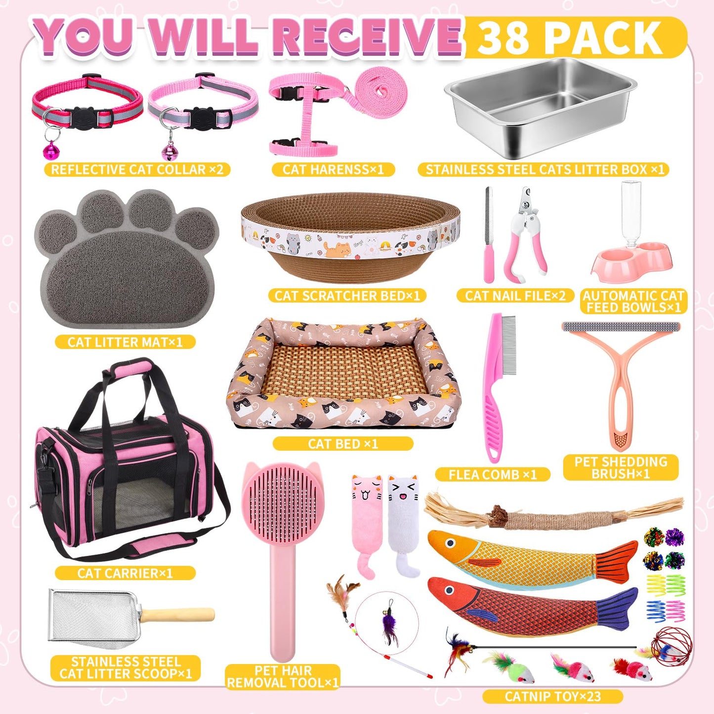 PullCrease 38 Pcs Kitten Supplies Starter Kit Cat Essentials Set Include Cat Scratcher Cardboard Stainless Steel Litter Box Bed Carrier Kitten Toys Accessories for Welcome Gift Supplies