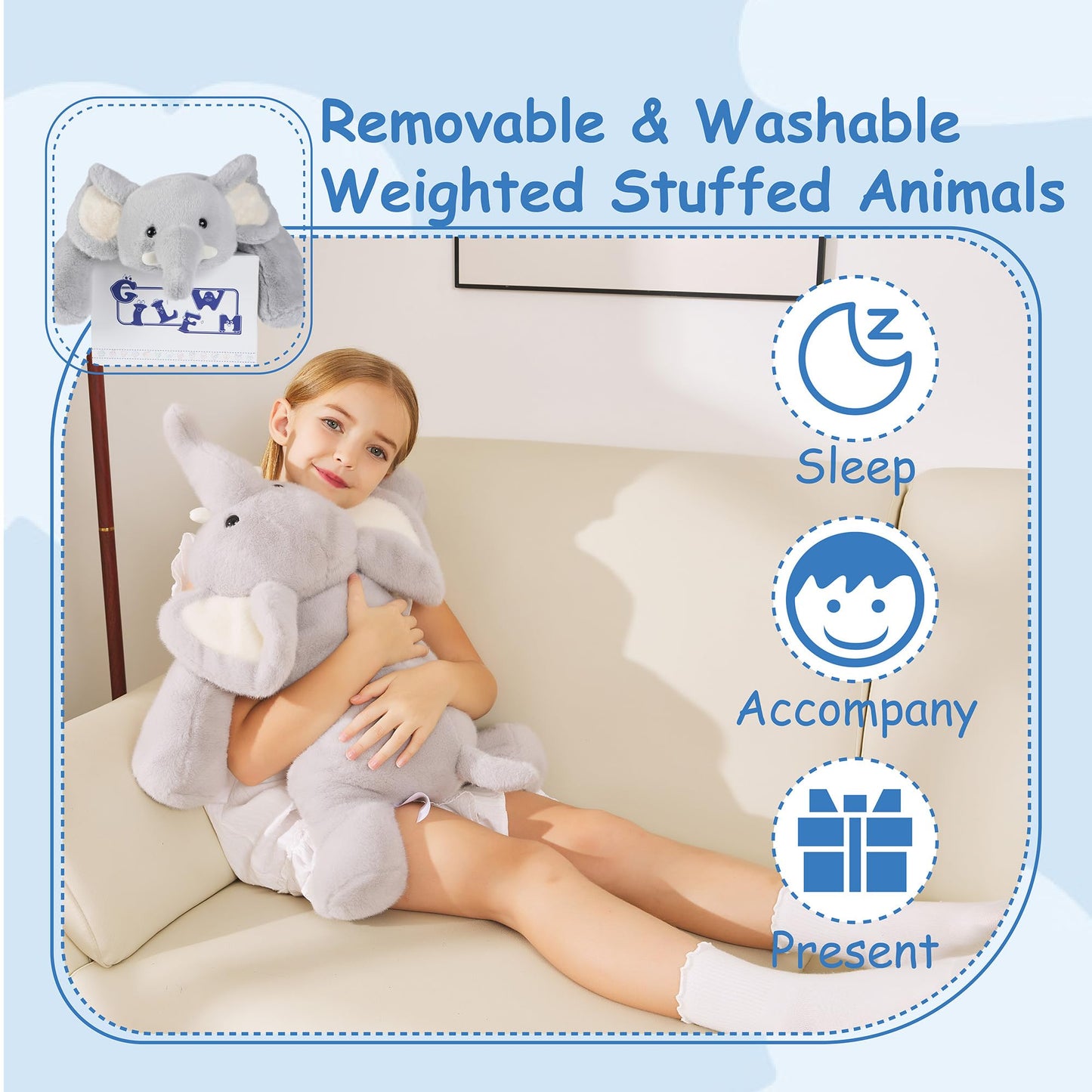 GILFWM Weighted Stuffed Animals Elephant - 25" Big Stuffed Animal Toy Pillow for Kids & Adults, 5 lbs Soft Washable Weighted Plush